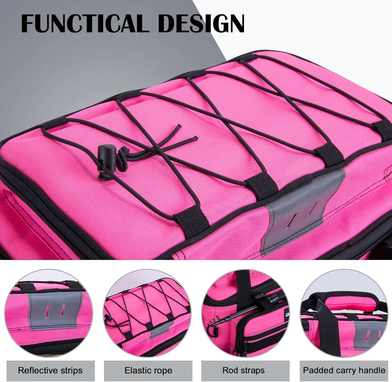 Goture Fishing Tackle Bag, Store Up to 4PCS 3700 Plus 2PCS 3600 Tackle Trays, 600D Soft Side Water-Resistant Gear Storage Fishing Bag with Rod Straps, Detachable Water Bottle Pouch, Waterproof Bottom