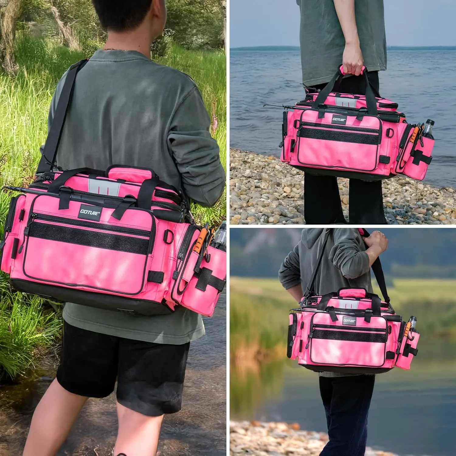 Goture Fishing Tackle Bag, Store Up to 4PCS 3700 Plus 2PCS 3600 Tackle Trays, 600D Soft Side Water-Resistant Gear Storage Fishing Bag with Rod Straps, Detachable Water Bottle Pouch, Waterproof Bottom