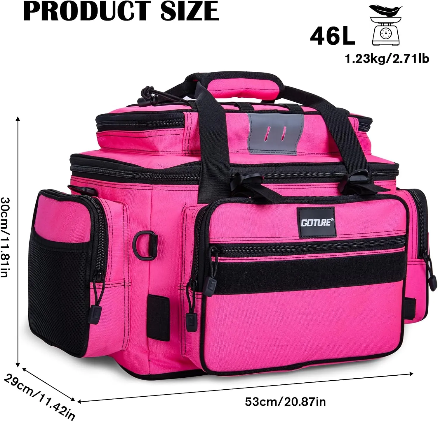 Goture Fishing Tackle Bag, Store Up to 4PCS 3700 Plus 2PCS 3600 Tackle Trays, 600D Soft Side Water-Resistant Gear Storage Fishing Bag with Rod Straps, Detachable Water Bottle Pouch, Waterproof Bottom