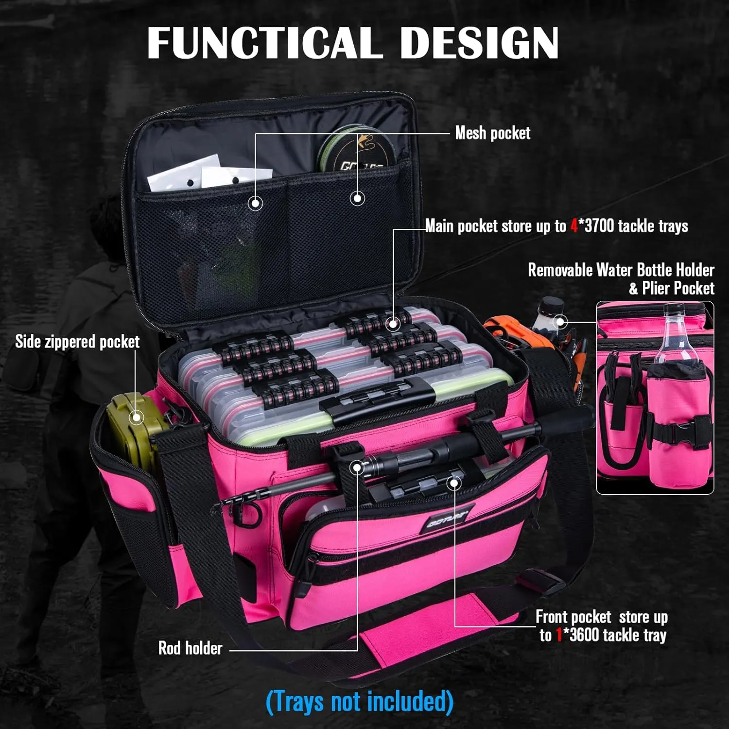 Goture Fishing Tackle Bag, Store Up to 4PCS 3700 Plus 2PCS 3600 Tackle Trays, 600D Soft Side Water-Resistant Gear Storage Fishing Bag with Rod Straps, Detachable Water Bottle Pouch, Waterproof Bottom