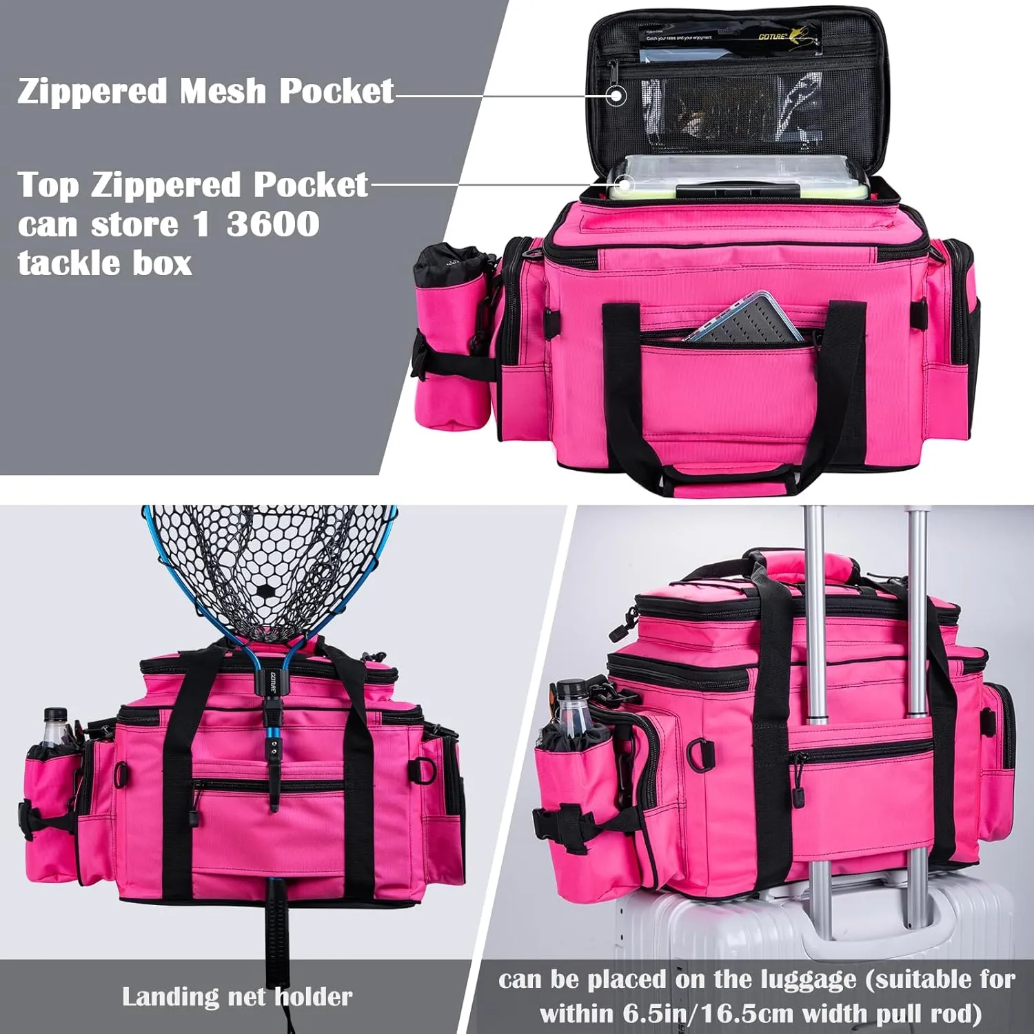 Goture Fishing Tackle Bag, Store Up to 4PCS 3700 Plus 2PCS 3600 Tackle Trays, 600D Soft Side Water-Resistant Gear Storage Fishing Bag with Rod Straps, Detachable Water Bottle Pouch, Waterproof Bottom