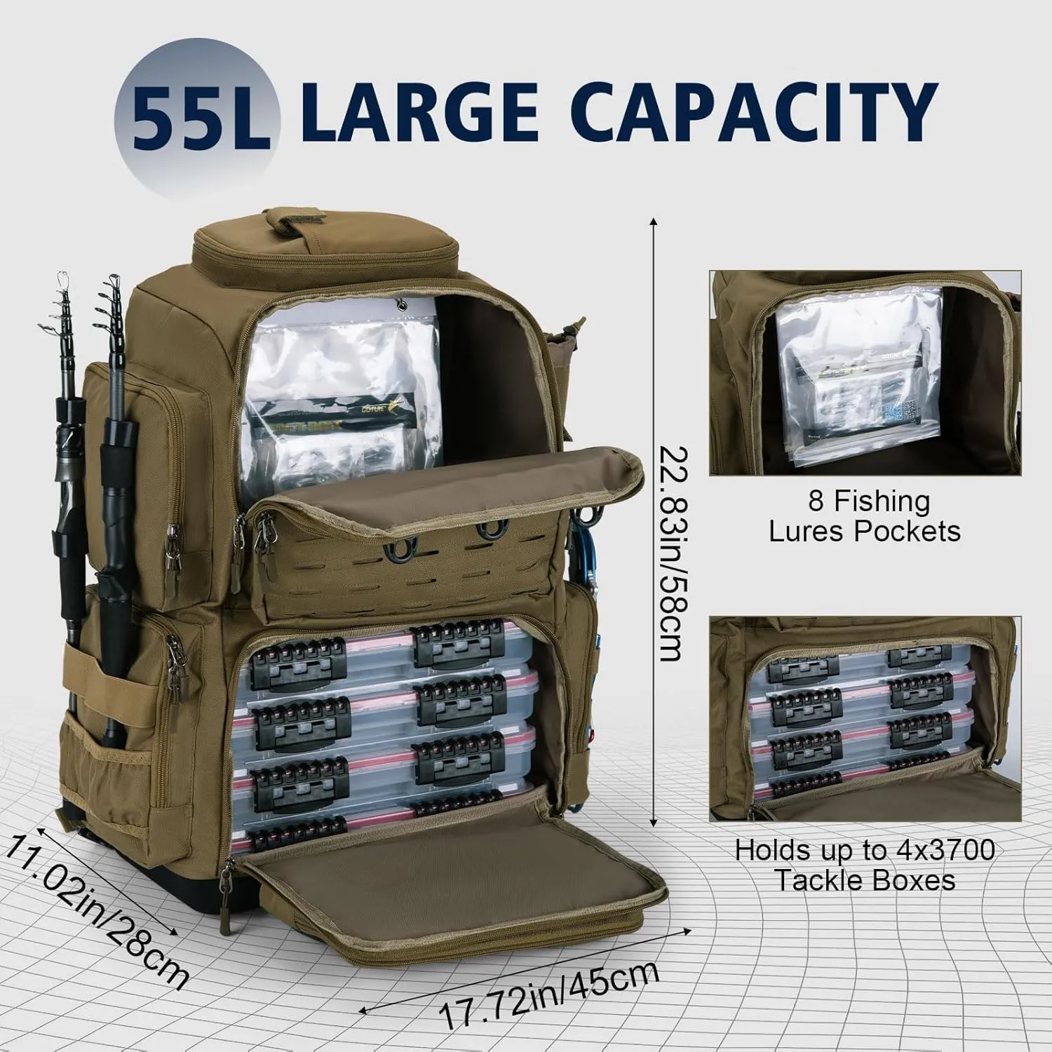 Goture IPX EVA Bottom Fishing Tackle Bag with Rod Holder, Waterproof 600D Fishing Backpack with 8 Lure Pockets & Rain Cover