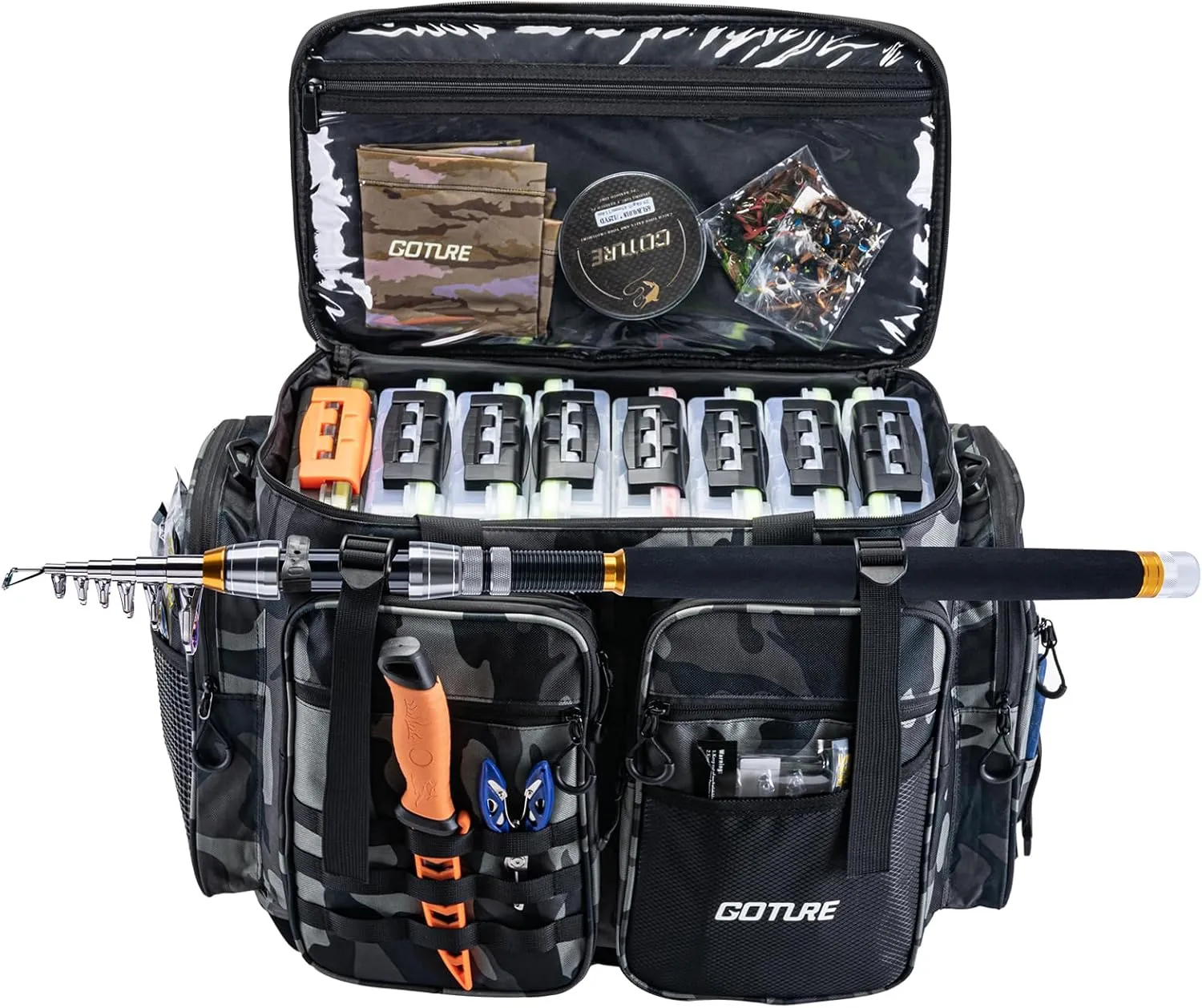 Goture Large Tackle Bag,Store Up to 8PCS 3700 Plus 4PCS 3600 Tackle Trays,Water Resistant Saltwater Gear Big Fishing Bag with EVA Bottom,Fishing Gifts for Men,(21.65"x11.8"x15.16")-Camo