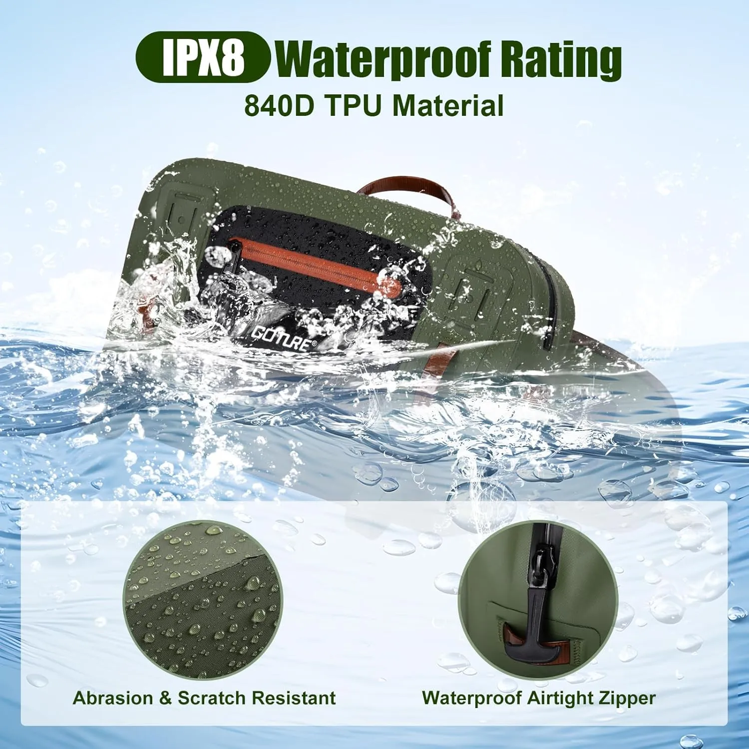 Goture Waterproof Fishing Waist Pack,IPX8 840D TPU Large Tackle Bag with Rod Holder,Airtight Zipper Closure,Detachable Water Bottle Holder, 10L Fly Fishing Bag with Adjustable Strap,Sling Fanny Pack