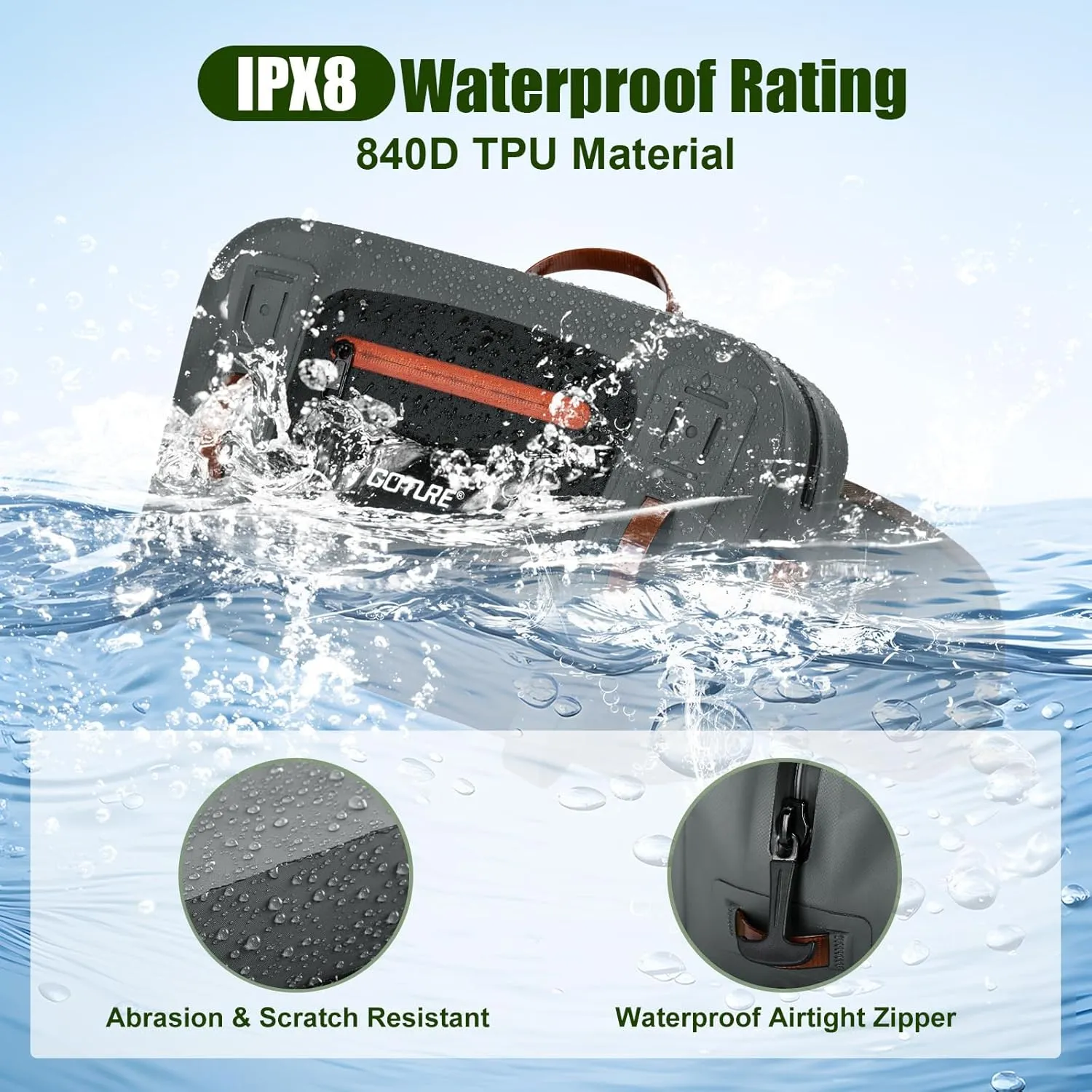 Goture Waterproof Fishing Waist Pack,IPX8 840D TPU Large Tackle Bag with Rod Holder,Airtight Zipper Closure,Detachable Water Bottle Holder, 10L Fly Fishing Bag with Adjustable Strap,Sling Fanny Pack
