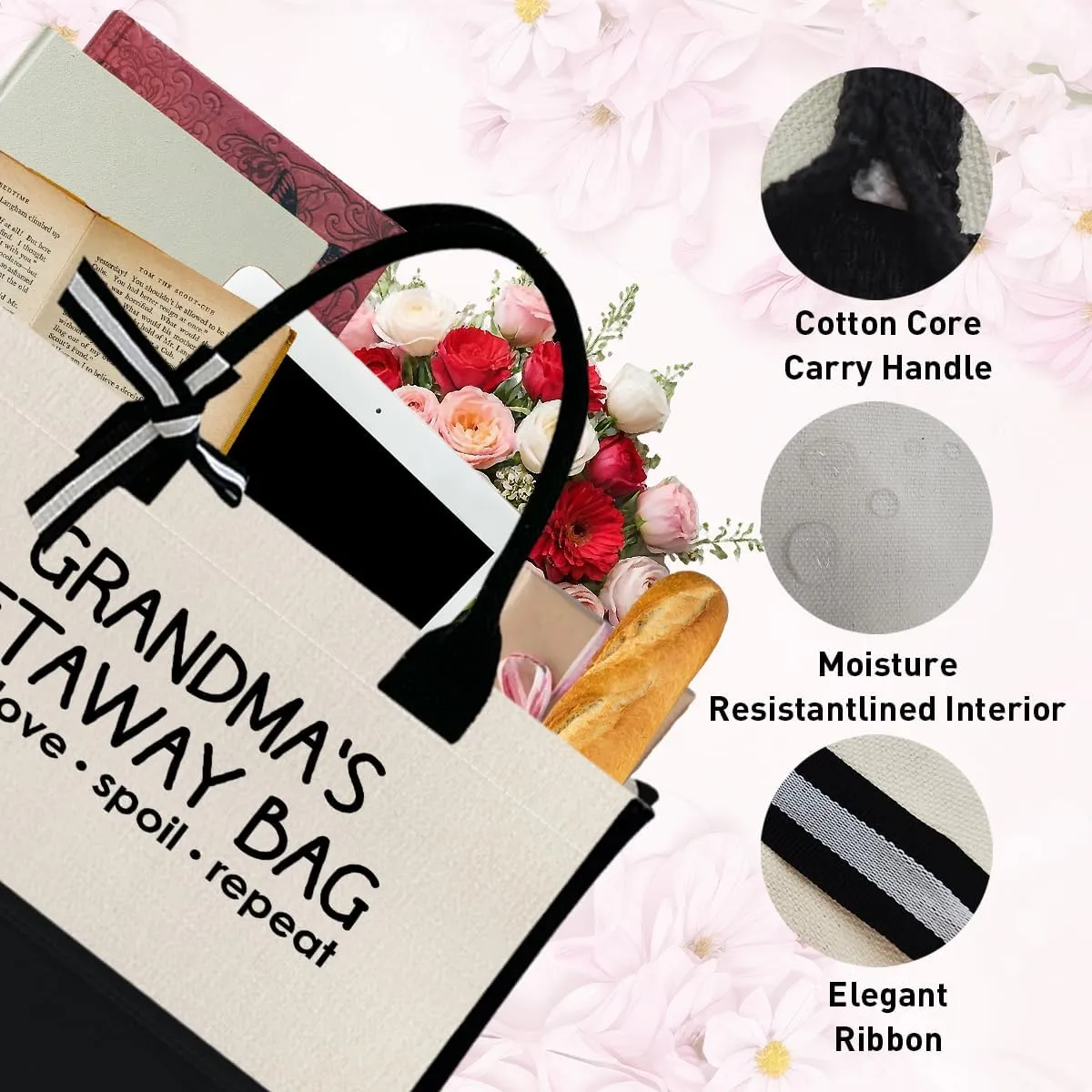 Grandma Canvas Tote Bag Gift, Grandma Gift for Birthday Mother's Day Retirement Nana Grandma to Be Grocery Bag
