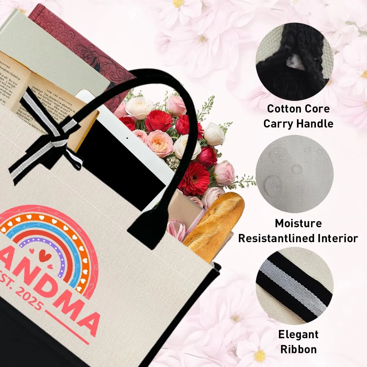 Grandma Canvas Tote Bag Gift, Grandma Gift for Birthday Mother's Day Retirement Nana Grandma to Be Grocery Bag