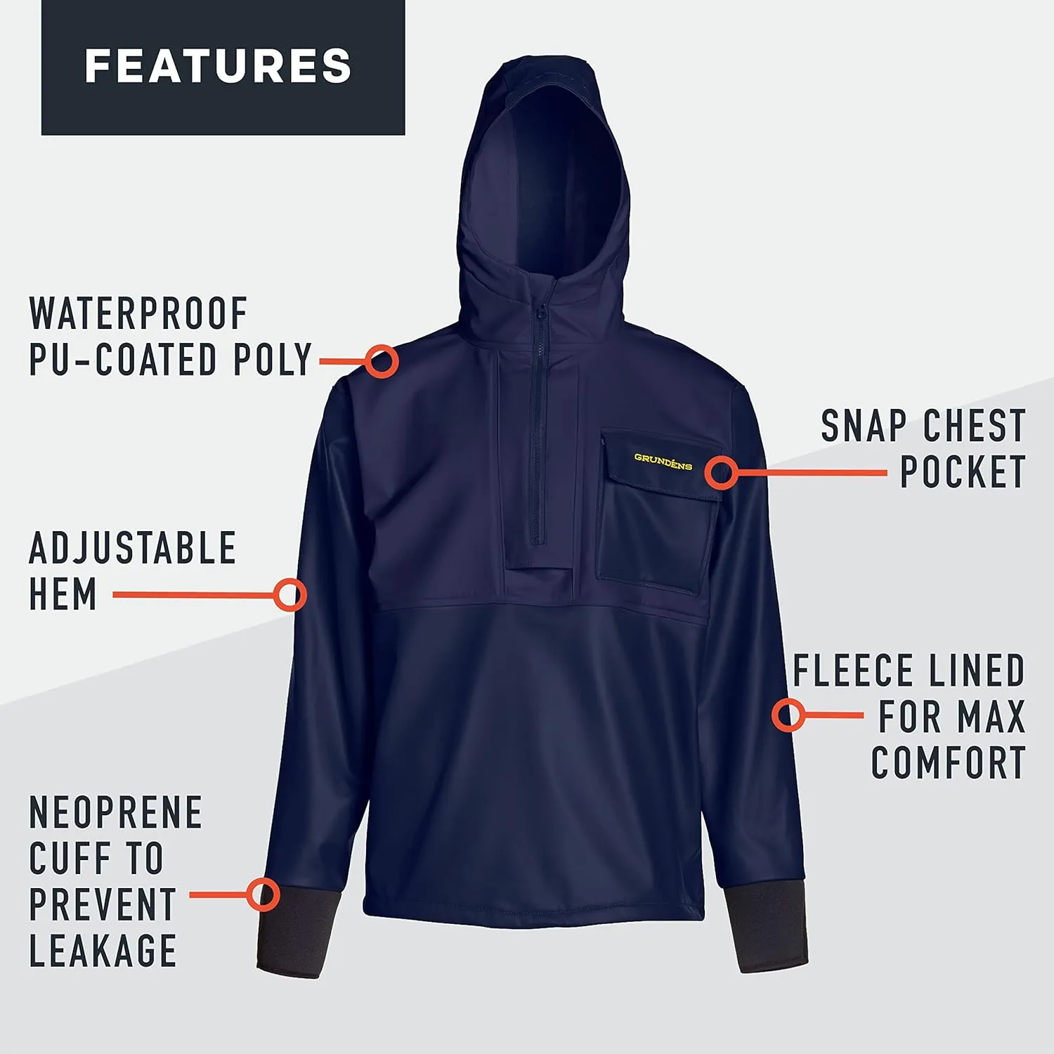 Grundéns Neptune Thermo Anorak Jacket | Durable Waterproof Protection Jacket with Warm Fleece Backer for Fishing Rain Gear
