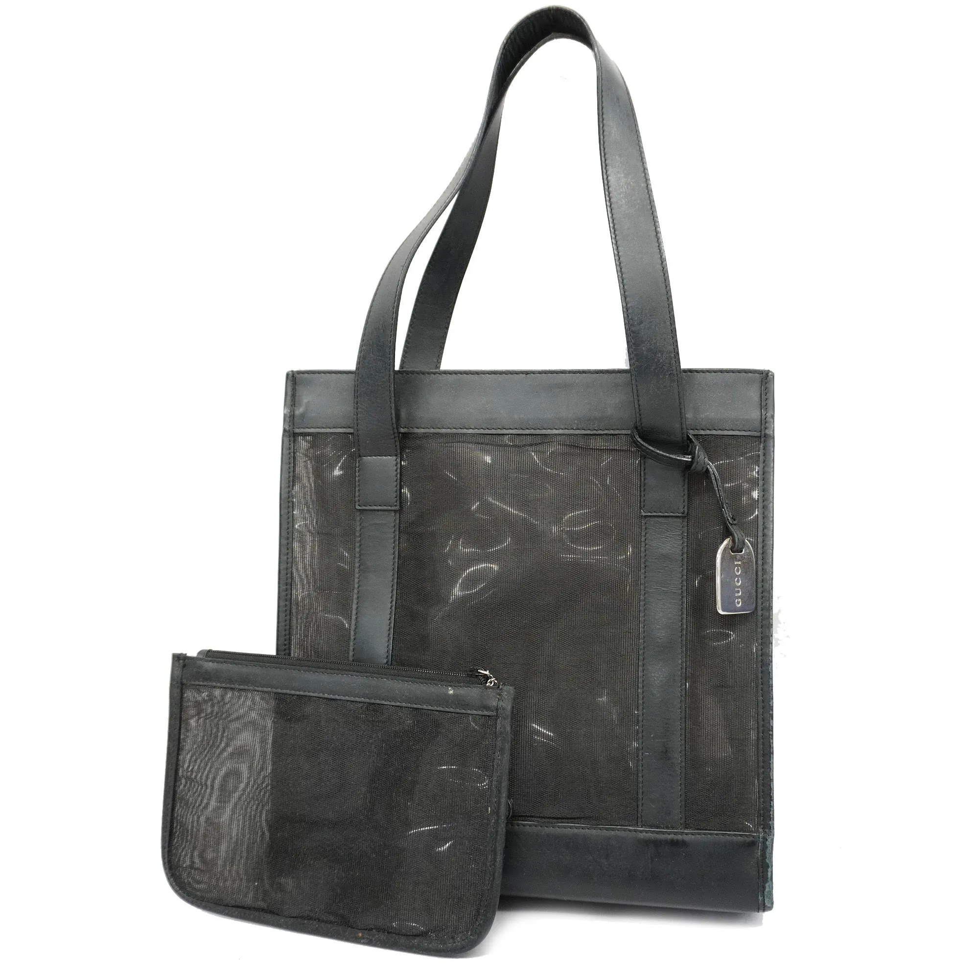 GUCCI  002 1705 0405 Women's Mesh,Leather Tote Bag Black