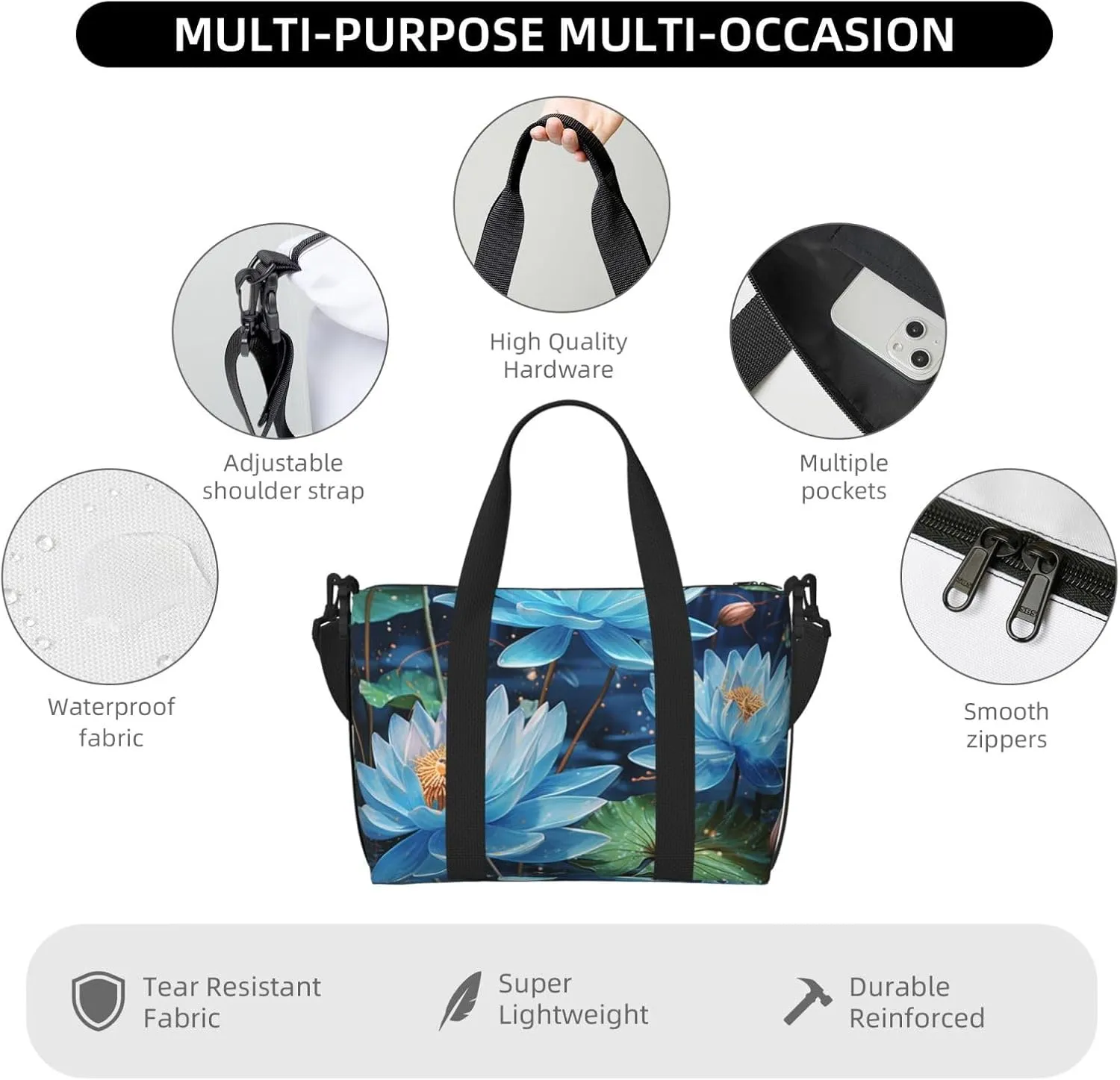 Gym Bag Blue dragonfly and lotus Duffel Bag for Men Women Travel Overnight Bag with Shoe Compartment Workout Bags