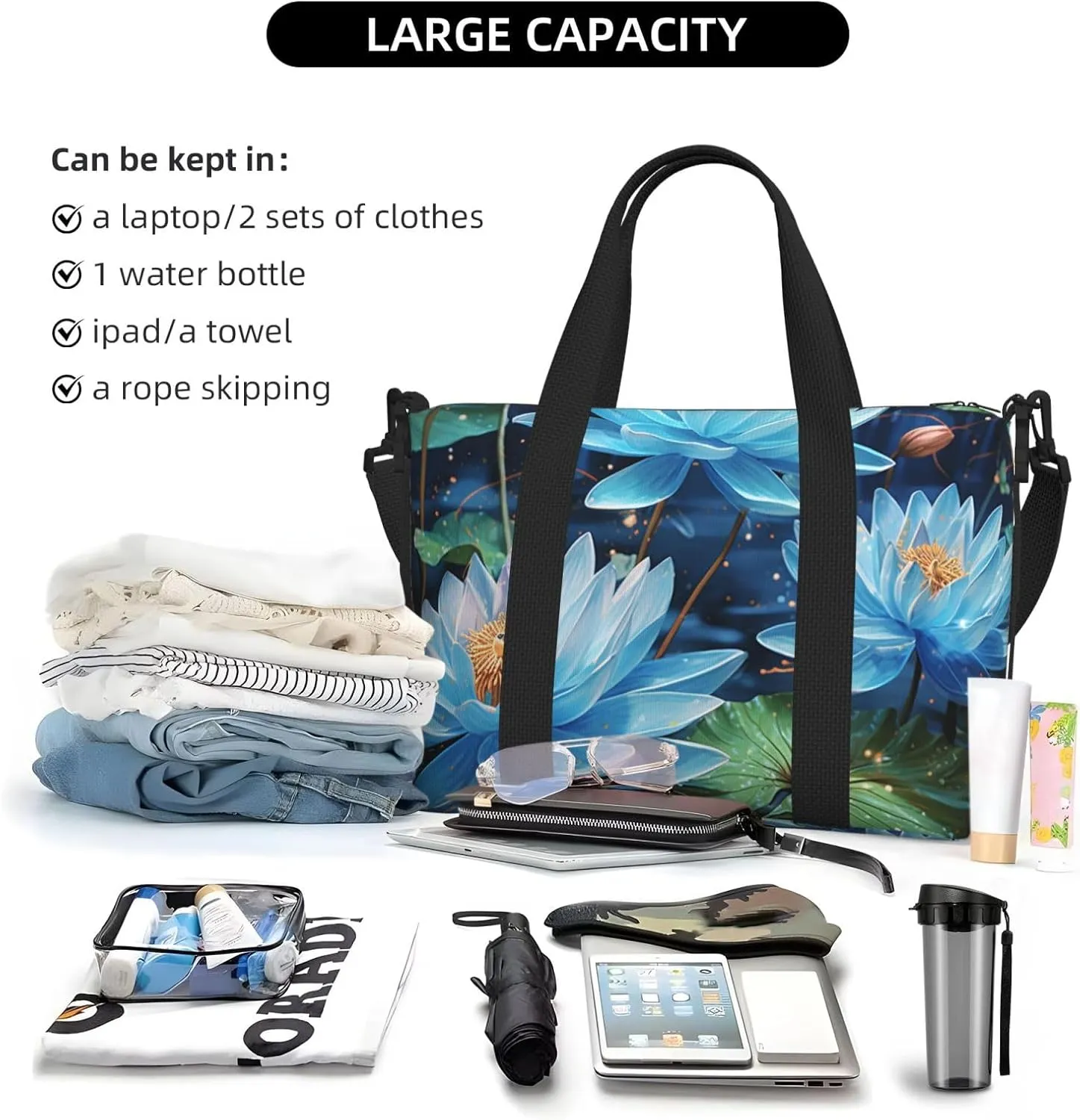 Gym Bag Blue dragonfly and lotus Duffel Bag for Men Women Travel Overnight Bag with Shoe Compartment Workout Bags