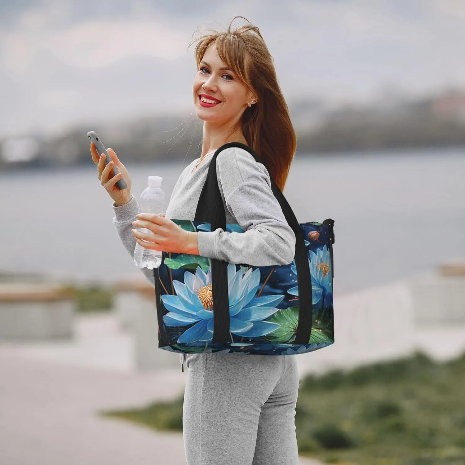 Gym Bag Blue dragonfly and lotus Duffel Bag for Men Women Travel Overnight Bag with Shoe Compartment Workout Bags