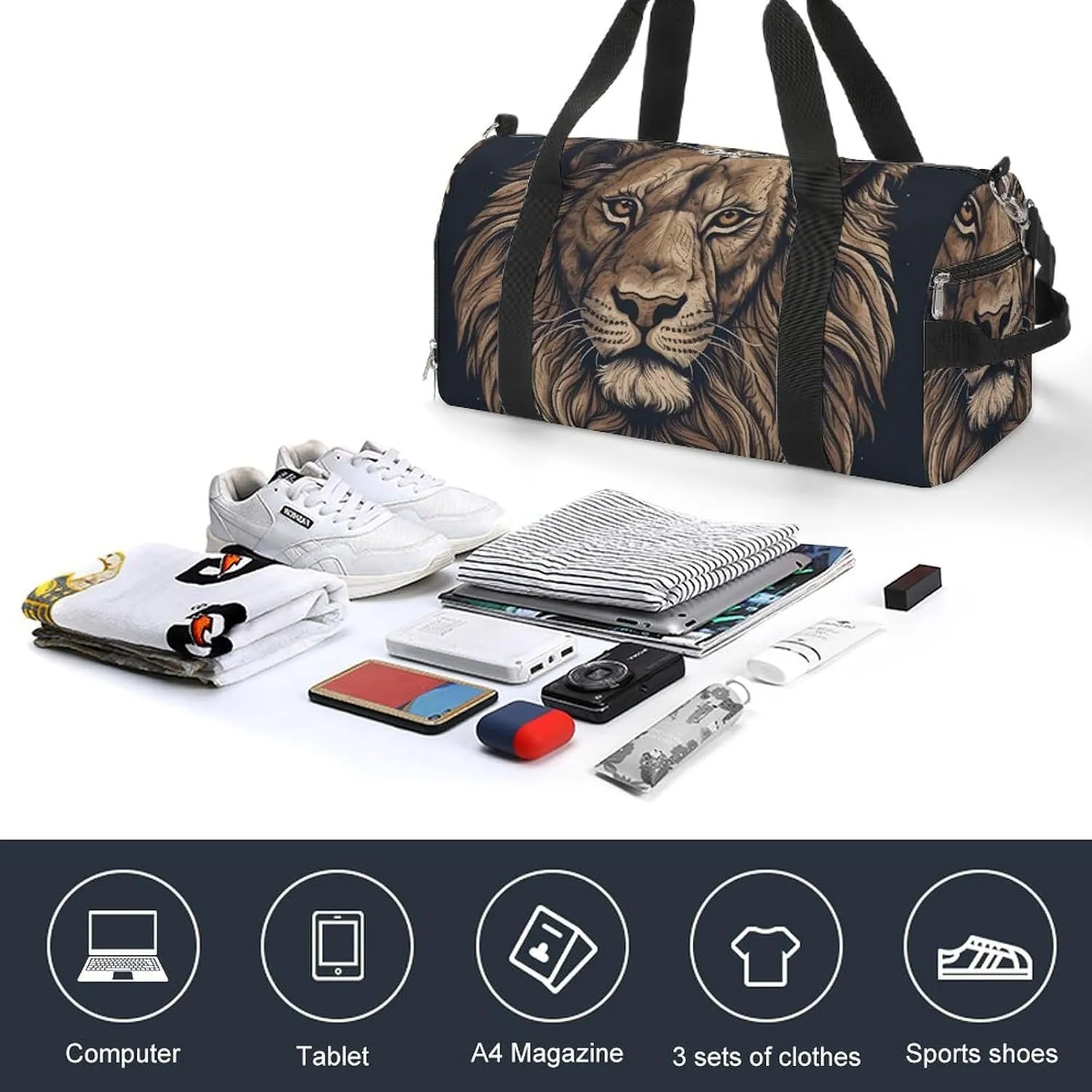 Gym Bag Cartoon Lion Duffel Bag for Men Women Travel Overnight Bag with Shoe Compartment Workout Bags