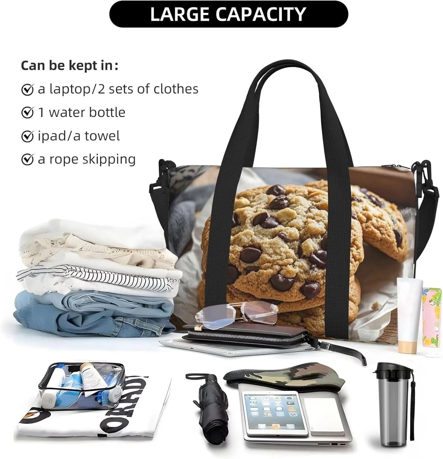 Gym Bag Chocolate Chip Cookies Duffel Bag for Men Women Travel Overnight Bag with Shoe Compartment Workout Bags