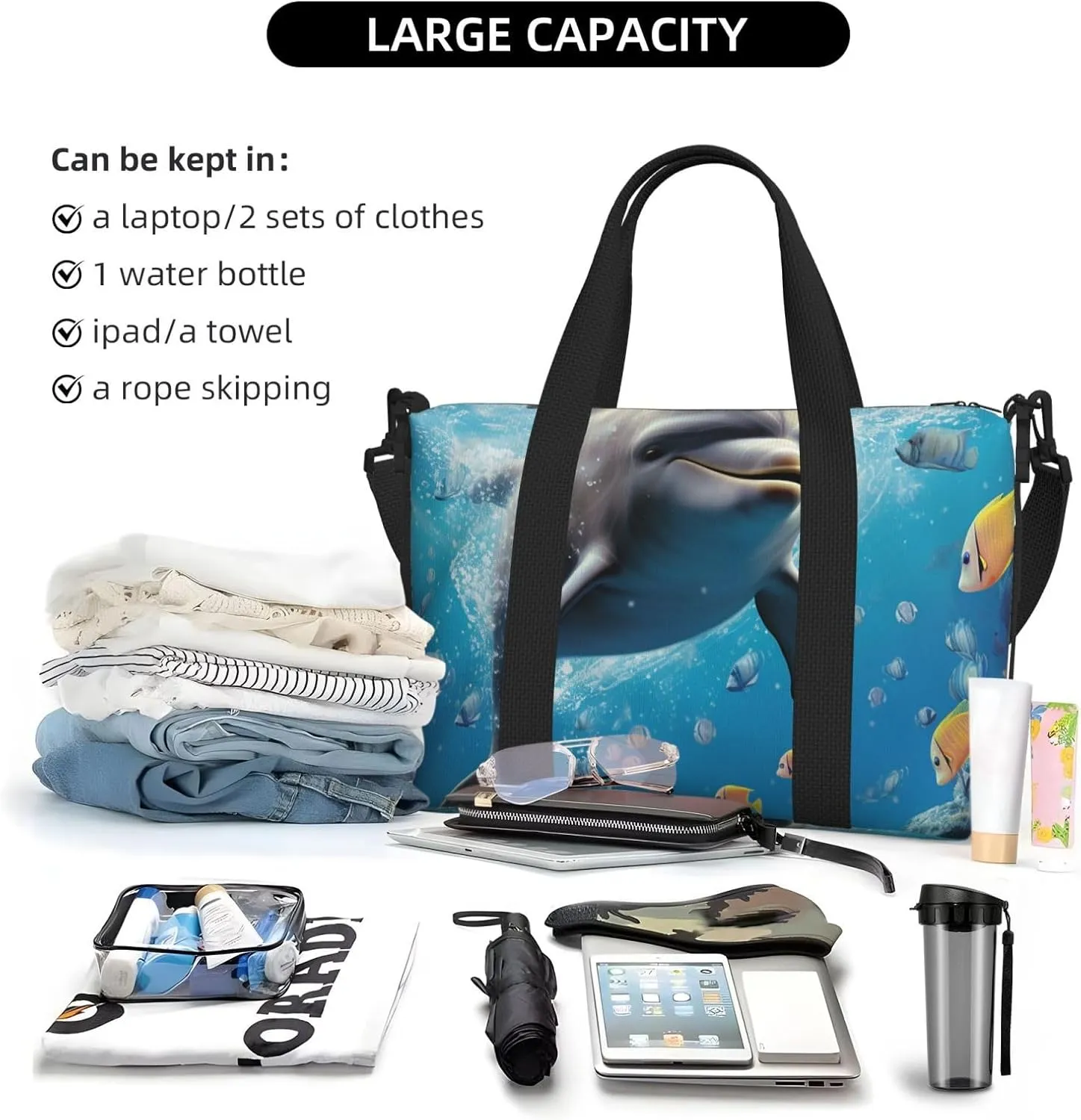 Gym Bag Cute Dolphin Duffel Bag for Men Women Travel Overnight Bag with Shoe Compartment Workout Bags
