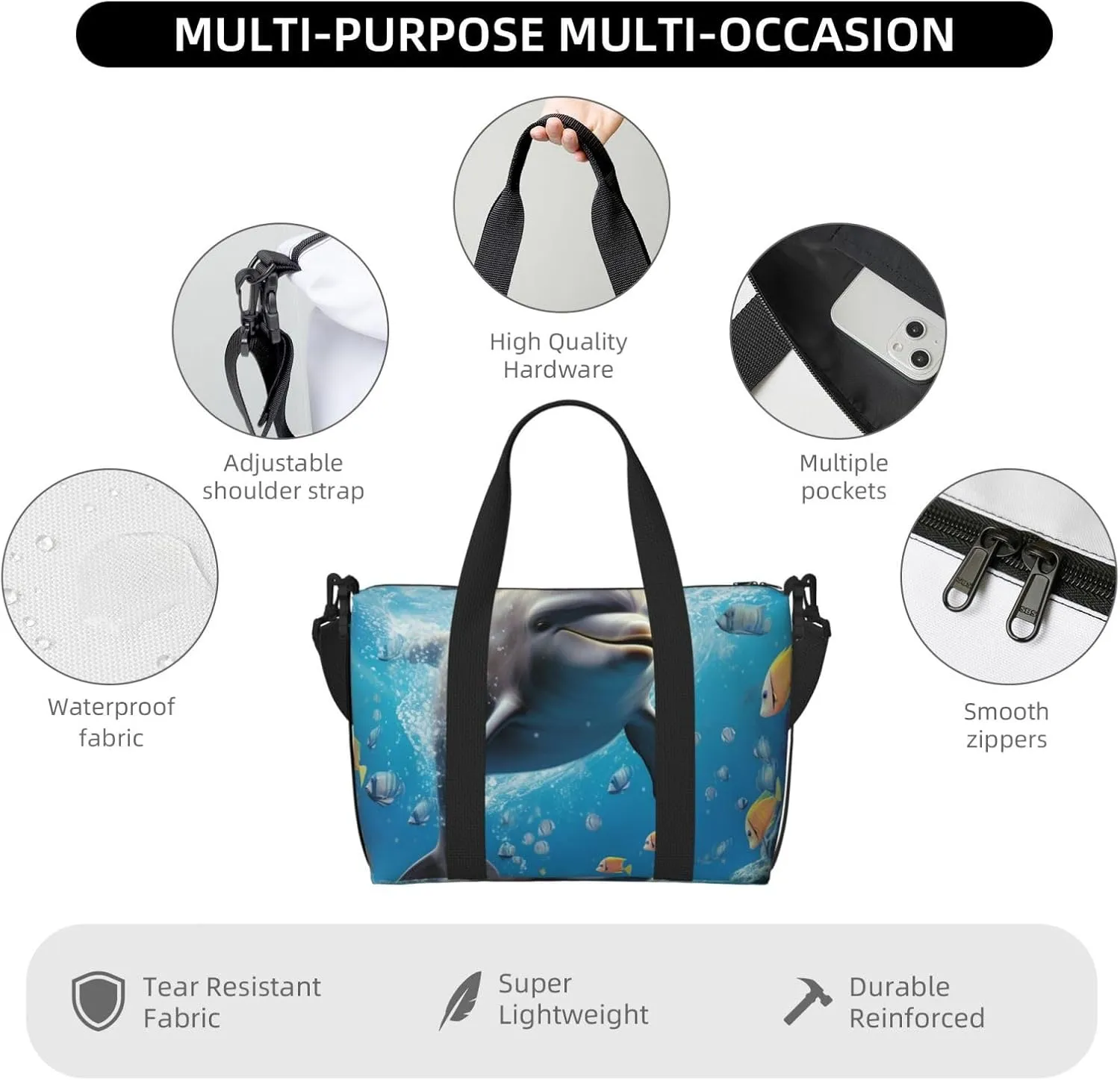 Gym Bag Cute Dolphin Duffel Bag for Men Women Travel Overnight Bag with Shoe Compartment Workout Bags