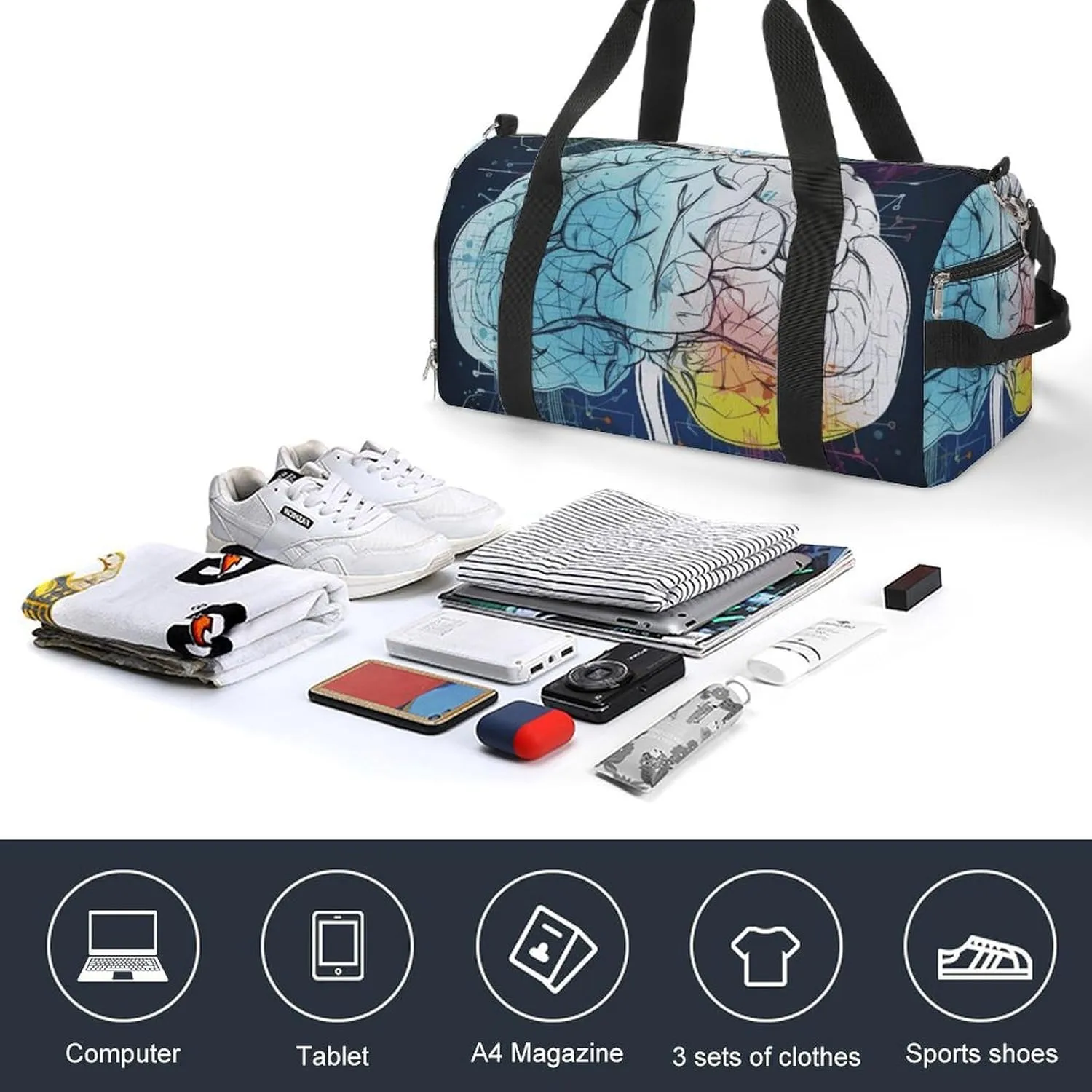 Gym Bag Geometry Brain Image with Science Duffel Bag for Men Women Overnight Bag with Shoe Compartment Workout Bags
