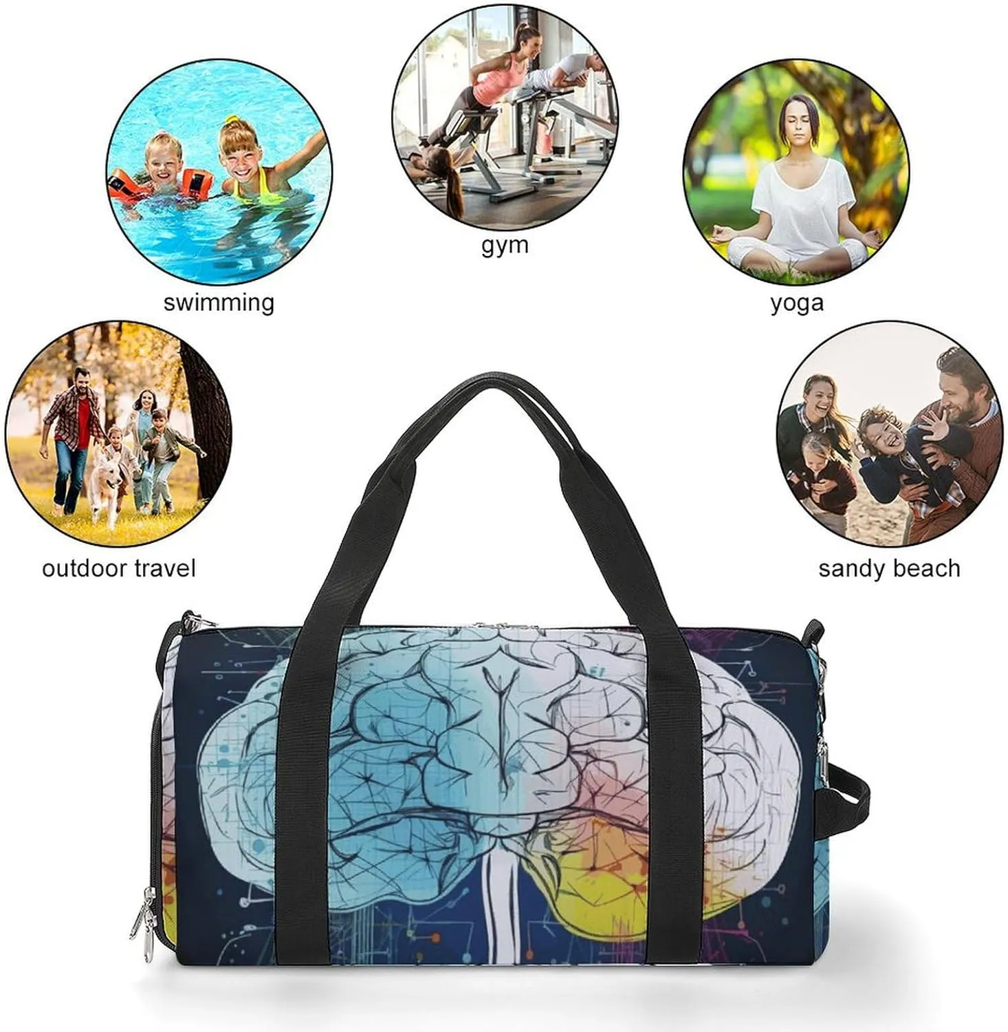Gym Bag Geometry Brain Image with Science Duffel Bag for Men Women Overnight Bag with Shoe Compartment Workout Bags