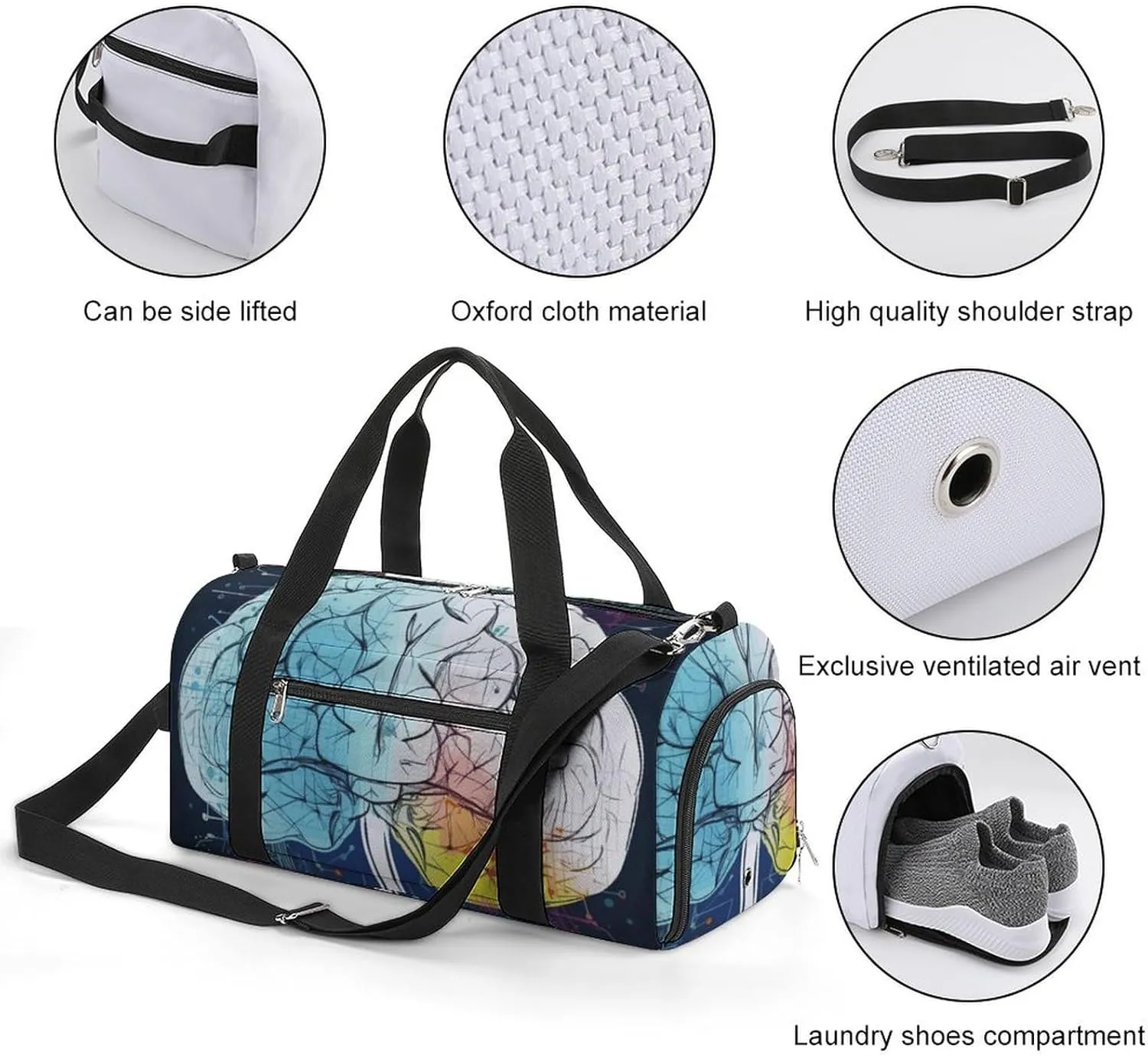 Gym Bag Geometry Brain Image with Science Duffel Bag for Men Women Overnight Bag with Shoe Compartment Workout Bags