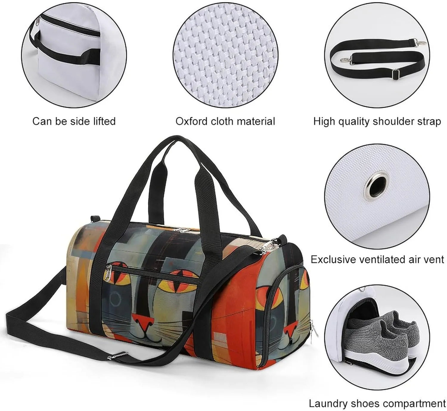 Gym Bag Orange Red Eyes Cat Duffel Bag for Men Women Overnight Bag with Shoe Compartment Workout Bags