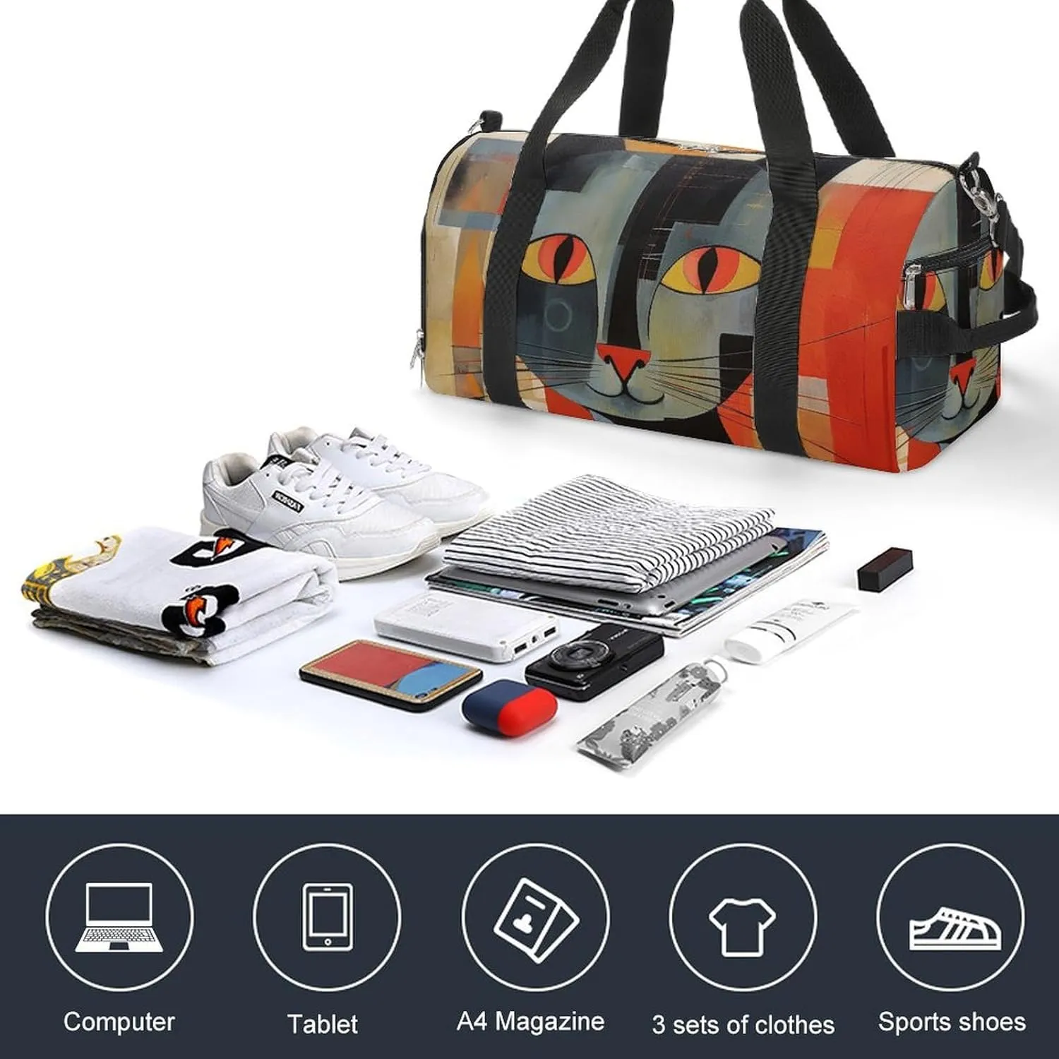 Gym Bag Orange Red Eyes Cat Duffel Bag for Men Women Overnight Bag with Shoe Compartment Workout Bags