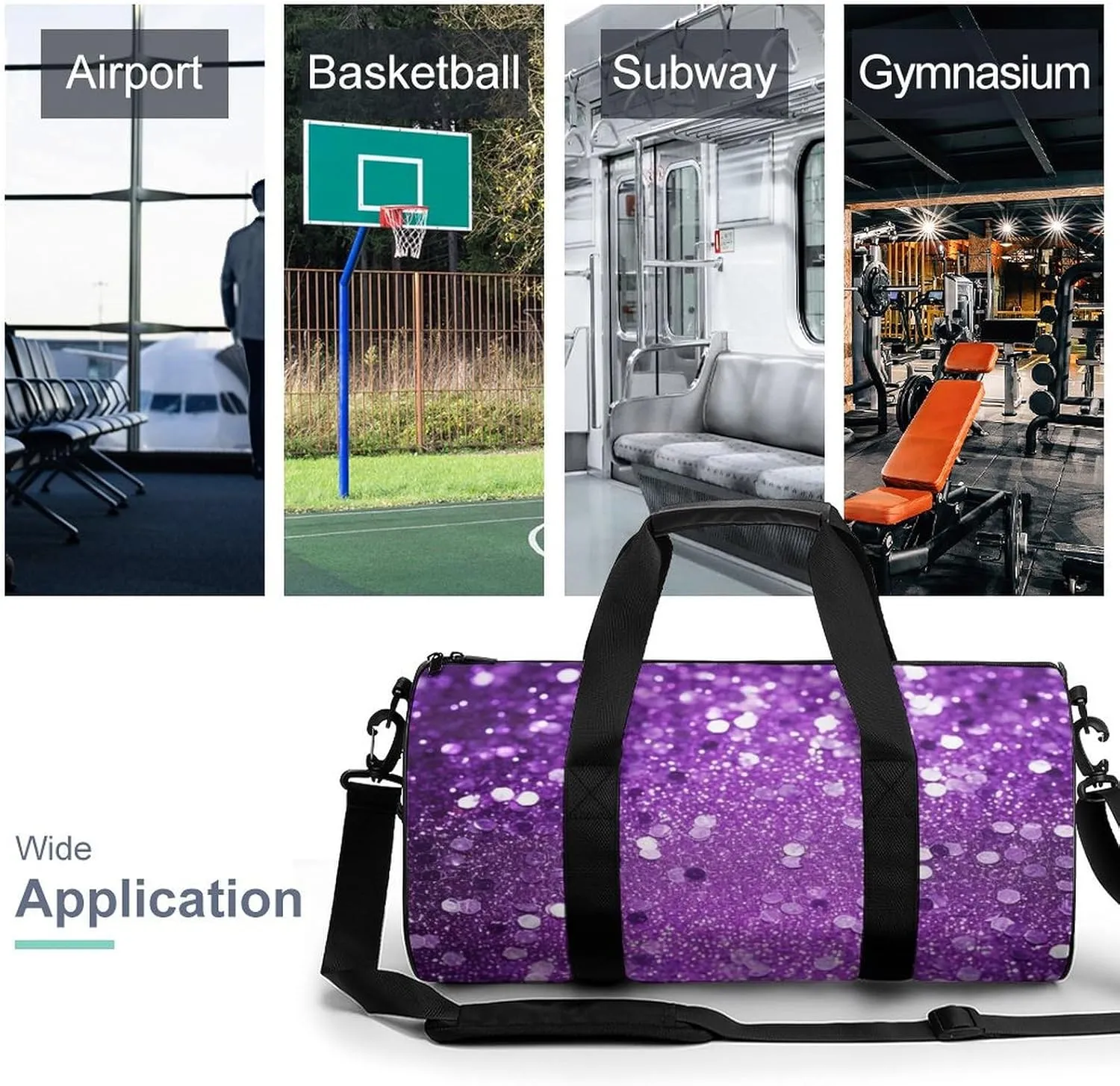 Gym Bag Sparkling Purple Glitter Duffel Bag for Men Women Overnight Bag with Shoe Compartment Workout Bags