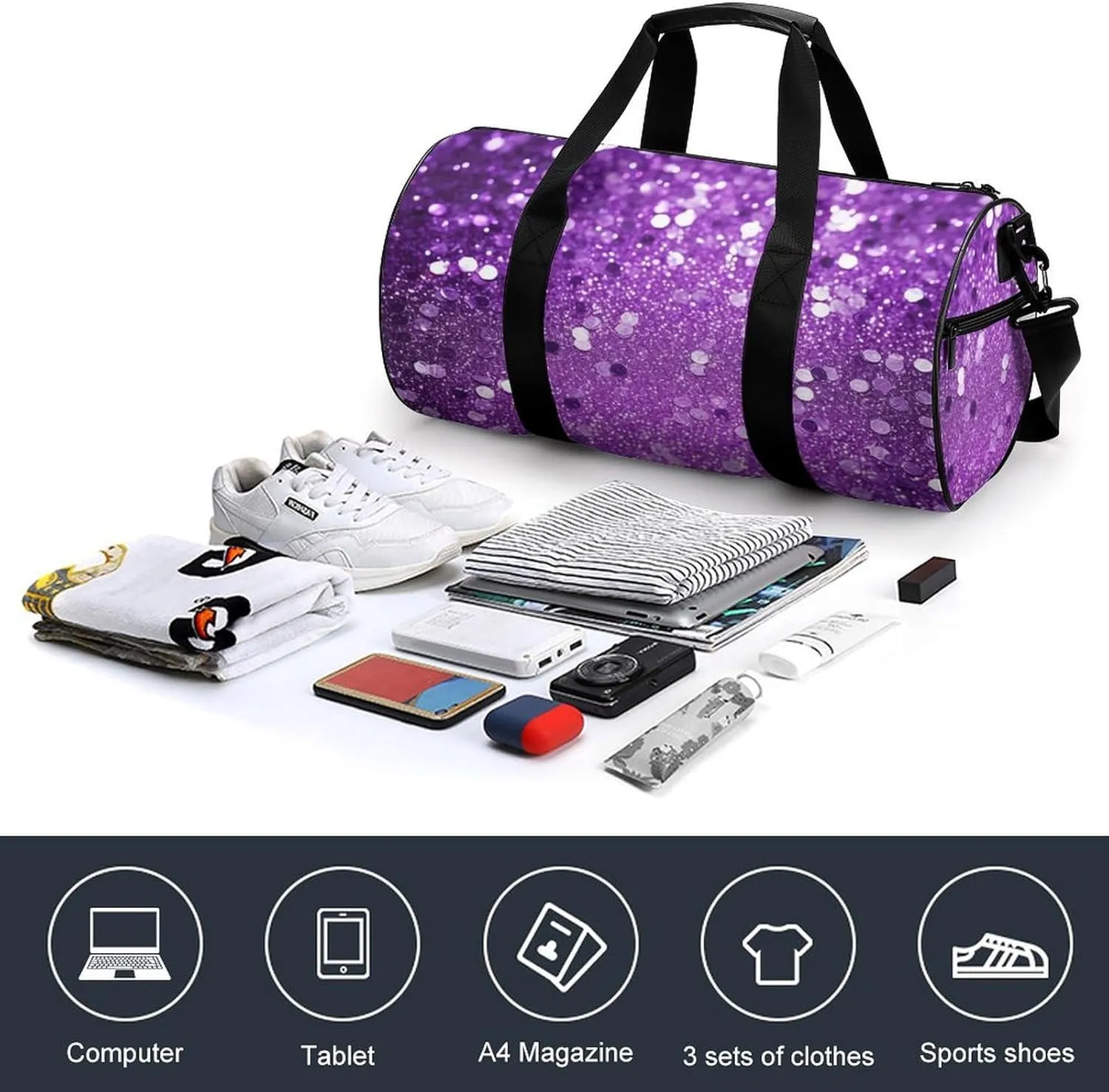 Gym Bag Sparkling Purple Glitter Duffel Bag for Men Women Overnight Bag with Shoe Compartment Workout Bags