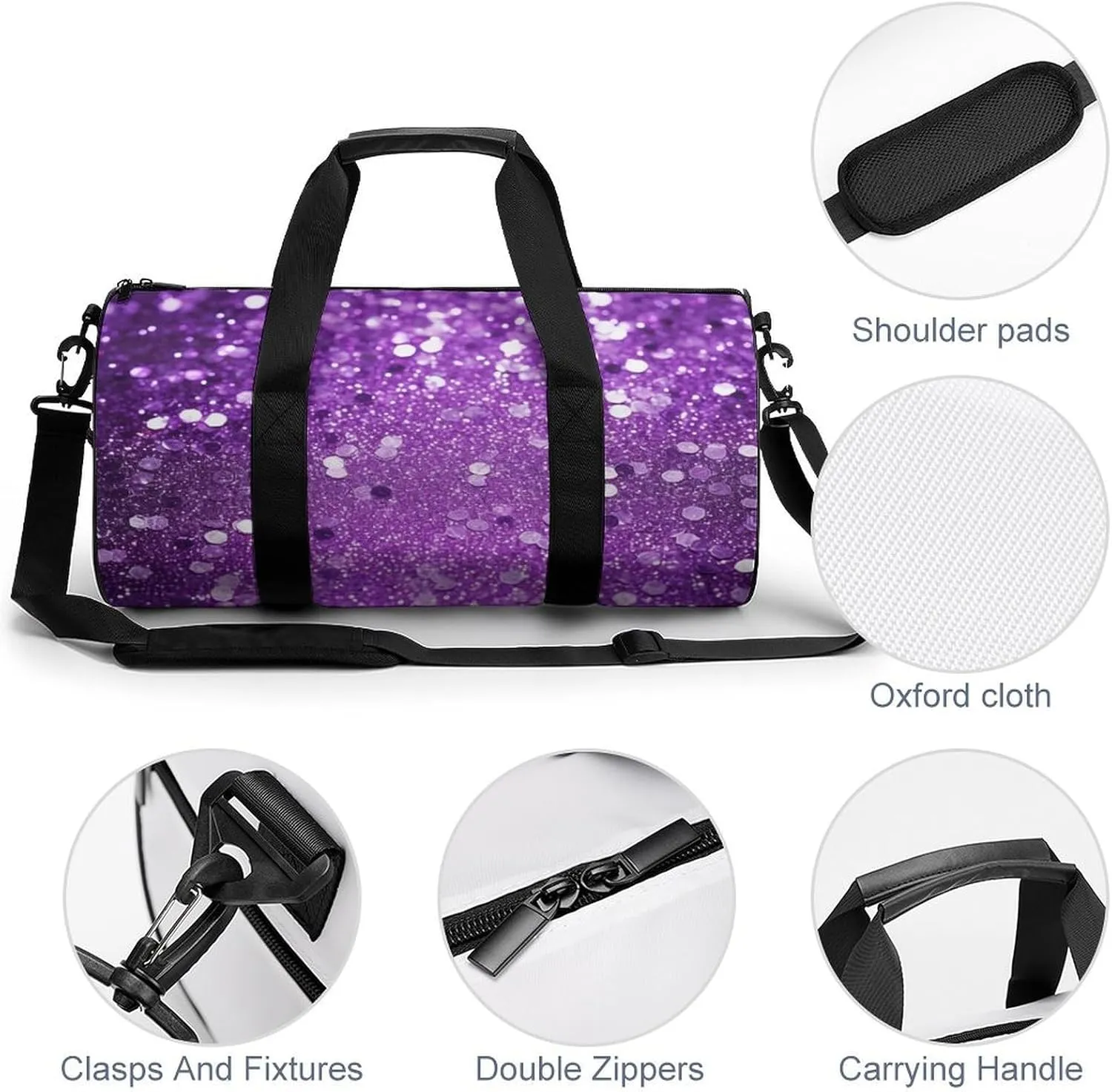 Gym Bag Sparkling Purple Glitter Duffel Bag for Men Women Overnight Bag with Shoe Compartment Workout Bags