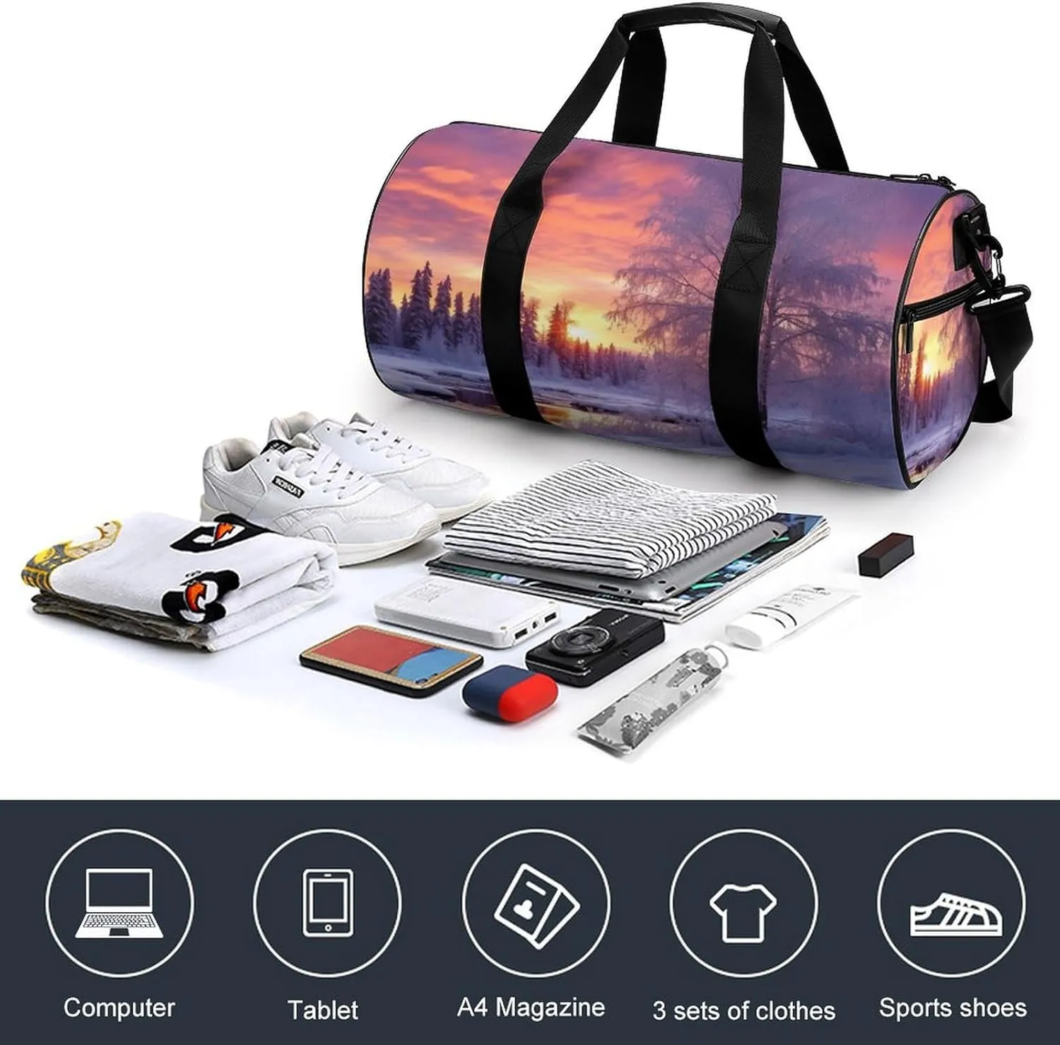Gym Bag Winter Landscape Duffel Bag for Men Women Overnight Bag with Shoe Compartment Workout Bags