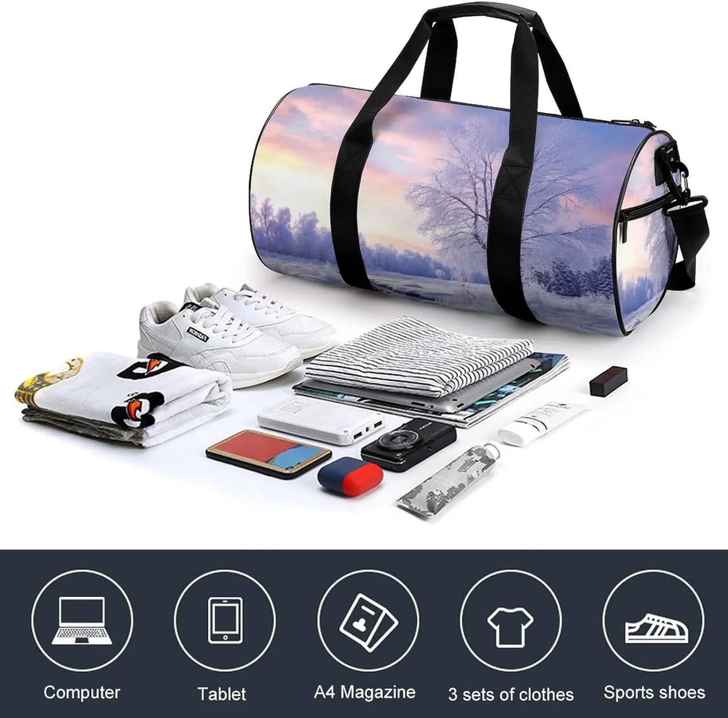 Gym Bag Winter Landscape Duffel Bag for Men Women Overnight Bag with Shoe Compartment Workout Bags
