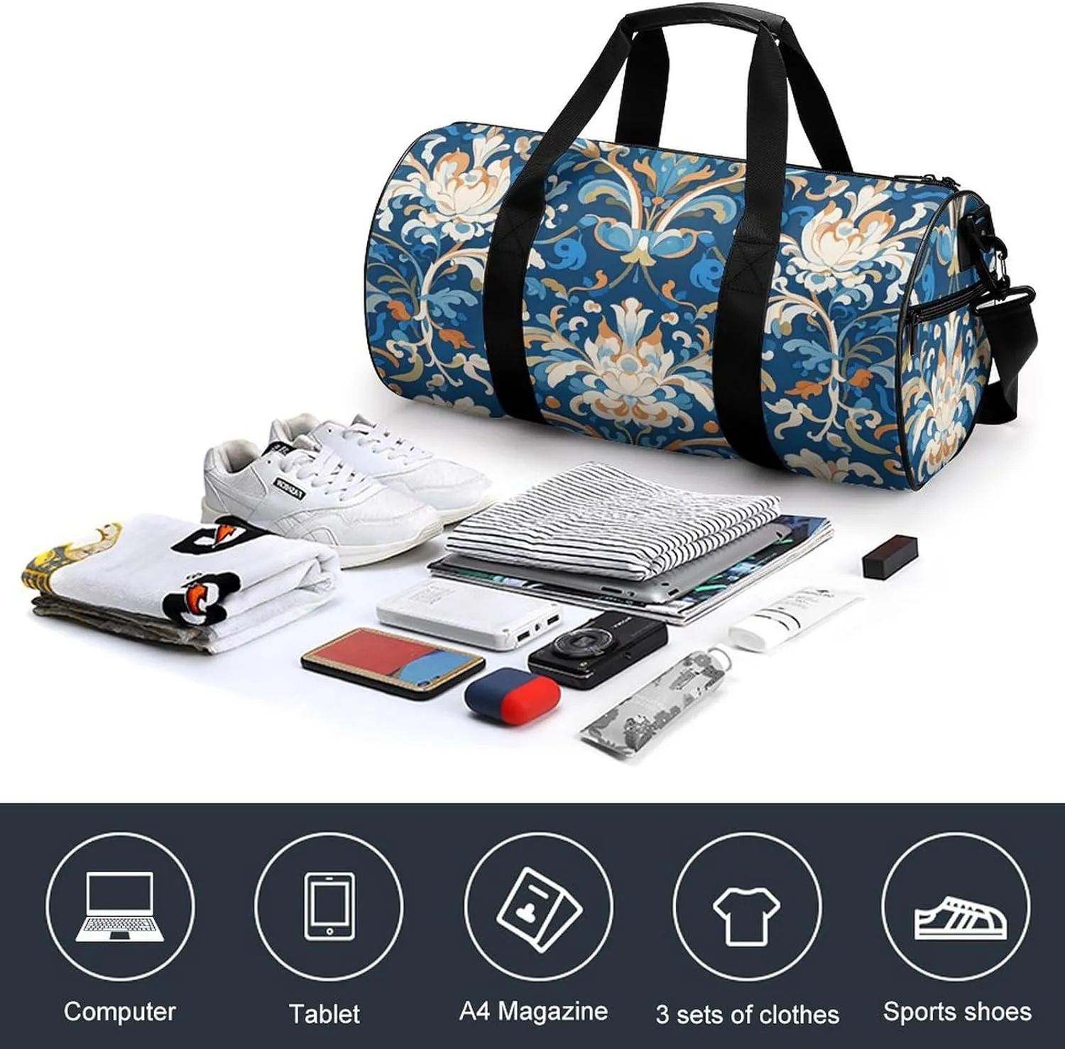 Gym Bags for Men Women Baroque Flowers Duffle Bag Travel Overnight Bag with Shoe Compartment Tote Bags