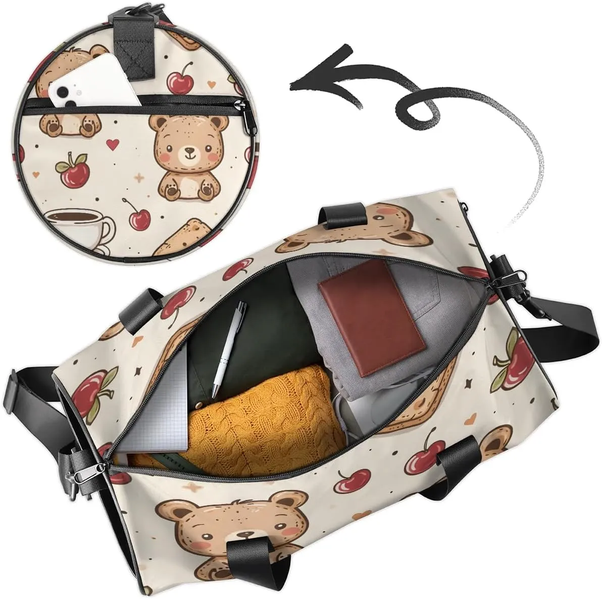 Gym Bags for Men Women Bear Cherry Sports Duffel Bags Carry On Travel Duffle Bag with Detachable Adjustable Shoulder Strap Overnight Weekender Bag