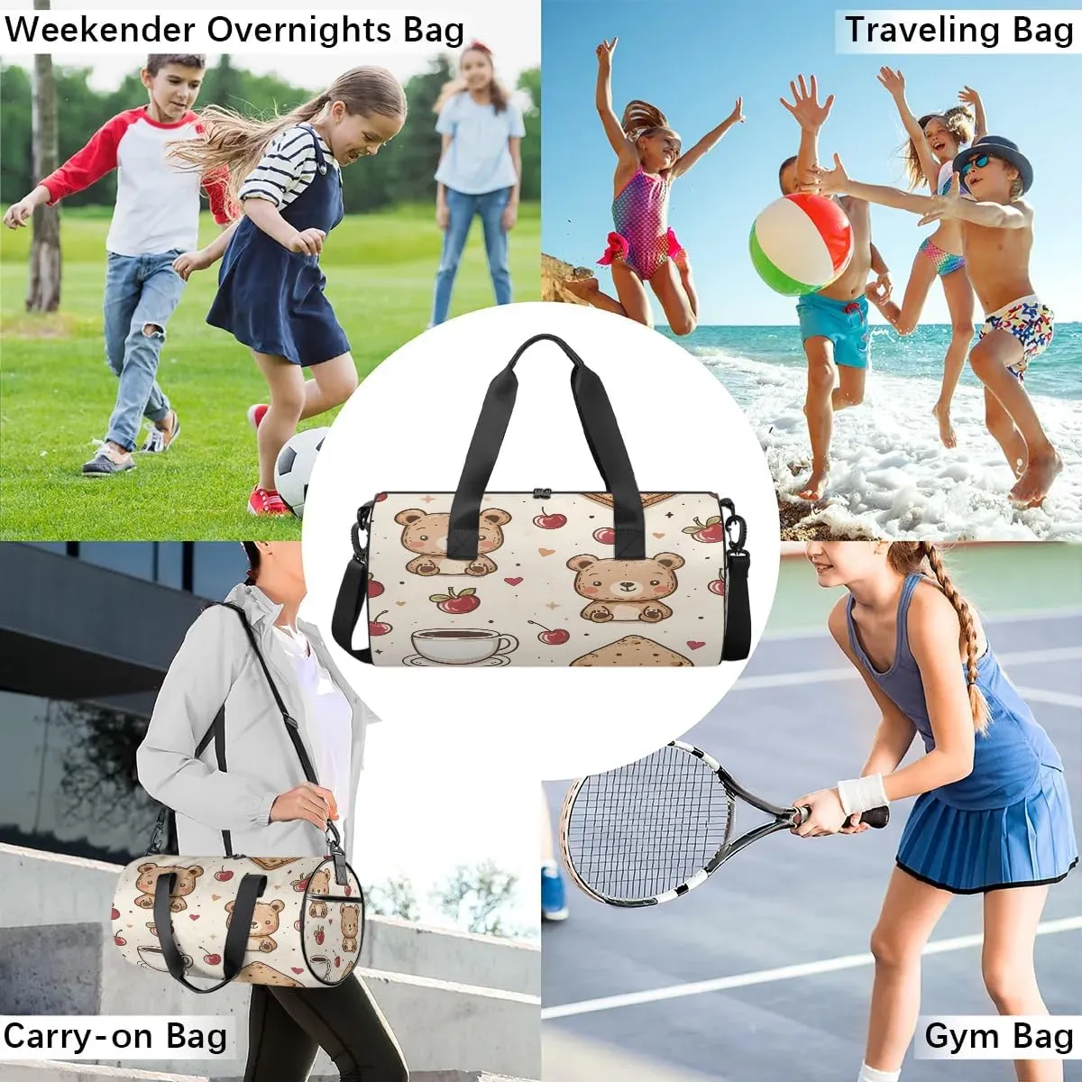 Gym Bags for Men Women Bear Cherry Sports Duffel Bags Carry On Travel Duffle Bag with Detachable Adjustable Shoulder Strap Overnight Weekender Bag