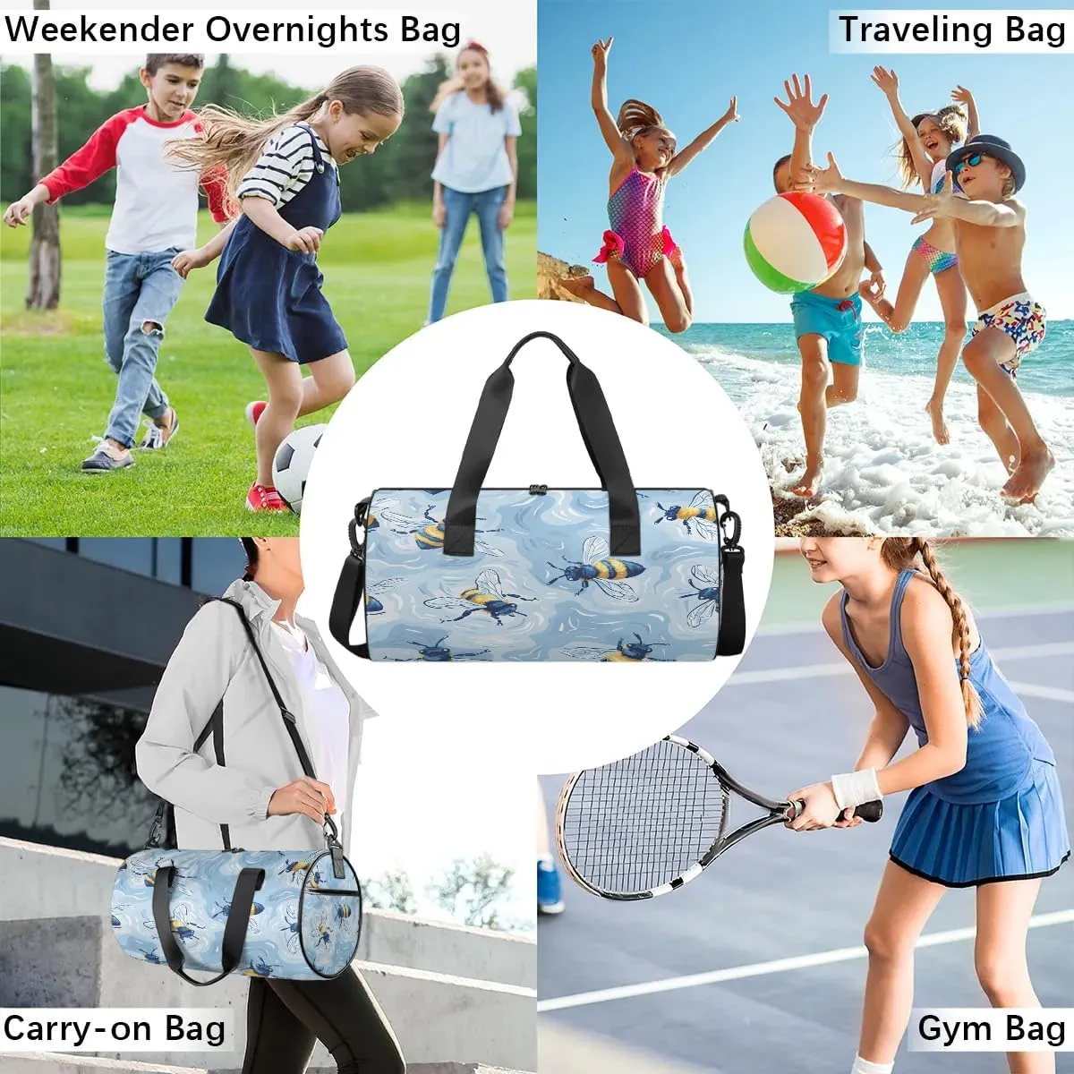 Gym Bags for Men Women Bee Print Sports Duffel Bags Carry On Travel Duffle Bag with Detachable Adjustable Shoulder Strap Overnight Weekender Bag