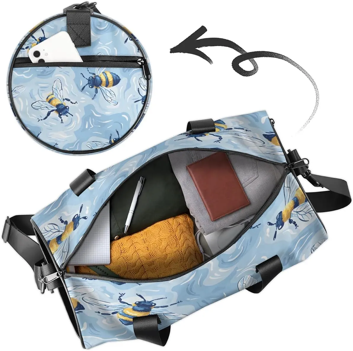 Gym Bags for Men Women Bee Print Sports Duffel Bags Carry On Travel Duffle Bag with Detachable Adjustable Shoulder Strap Overnight Weekender Bag