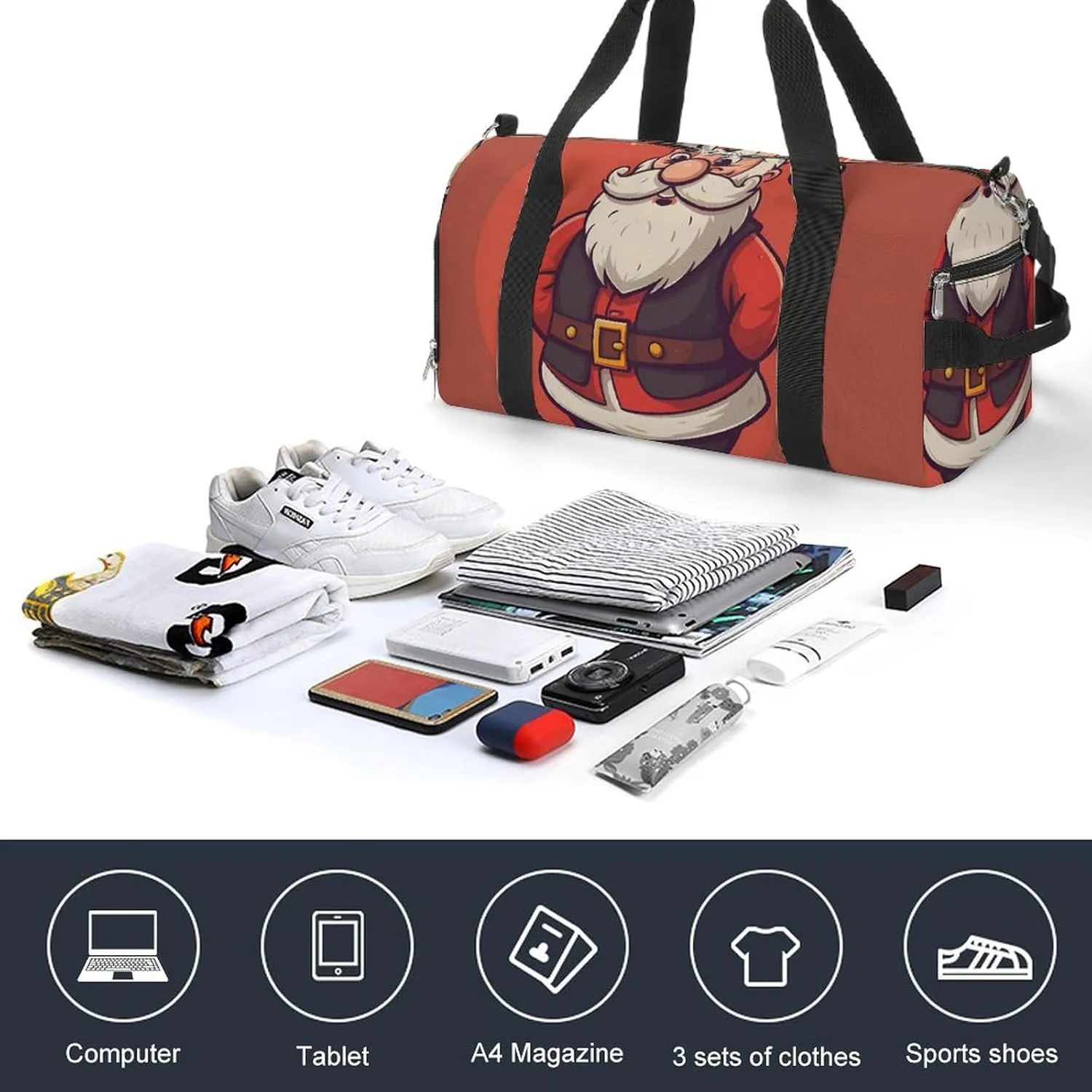 Gym Bags for Men Women Cartoon Santa Claus Duffle Bag Travel Overnight Bag with Shoe Compartment Tote Bags
