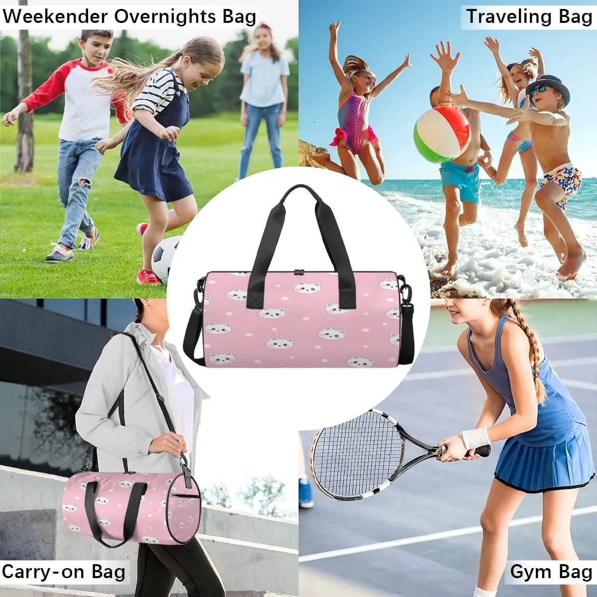 Gym Bags for Men Women Cat Printed Sports Duffel Bags Carry On Travel Duffle Bag with Detachable Adjustable Shoulder Strap Overnight Weekender Bag