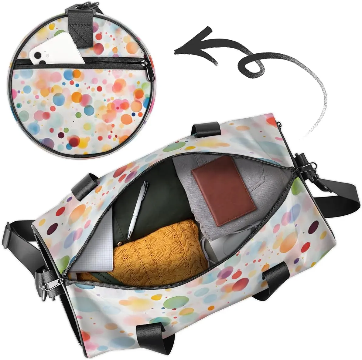 Gym Bags for Men Women Colorful Dots Sports Duffel Bags Carry On Travel Duffle Bag with Detachable Adjustable Shoulder Strap Overnight Weekender Bag