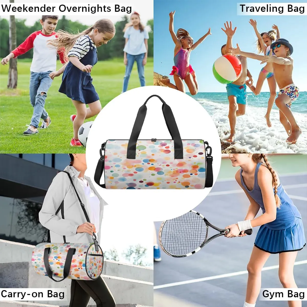 Gym Bags for Men Women Colorful Dots Sports Duffel Bags Carry On Travel Duffle Bag with Detachable Adjustable Shoulder Strap Overnight Weekender Bag