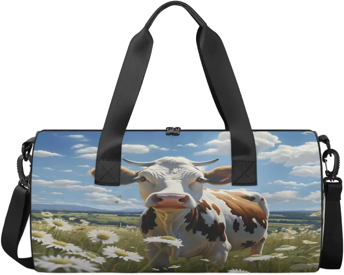 Gym Bags for Men Women Cow Daisies Sports Duffel Bags Carry On Travel Duffle Bag with Detachable Adjustable Shoulder Strap Overnight Weekender Bag