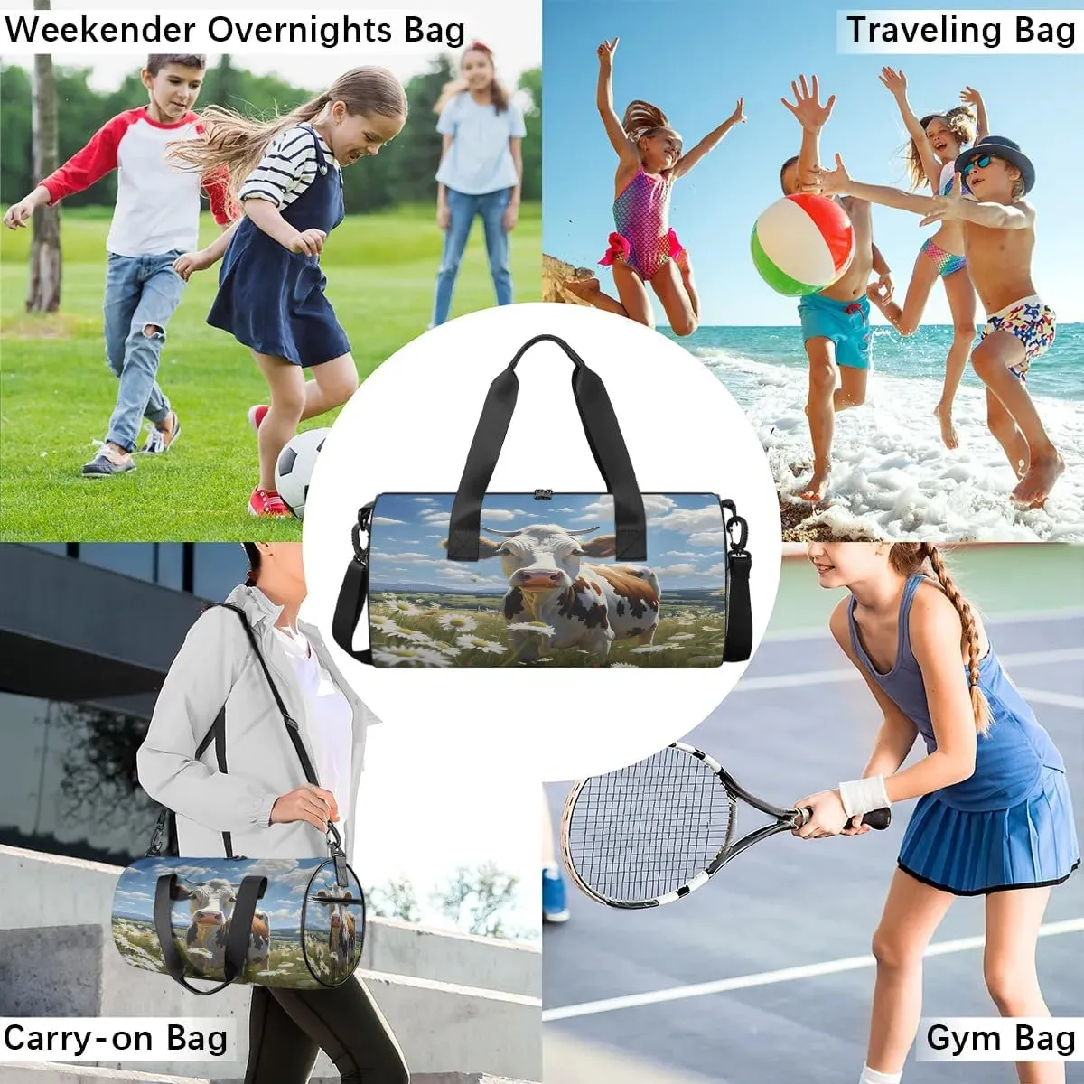 Gym Bags for Men Women Cow Daisies Sports Duffel Bags Carry On Travel Duffle Bag with Detachable Adjustable Shoulder Strap Overnight Weekender Bag