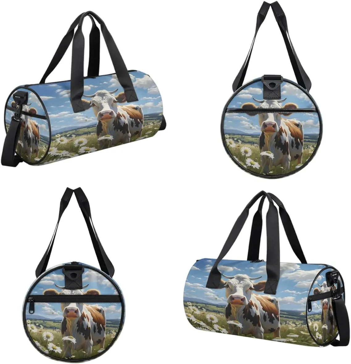 Gym Bags for Men Women Cow Daisies Sports Duffel Bags Carry On Travel Duffle Bag with Detachable Adjustable Shoulder Strap Overnight Weekender Bag
