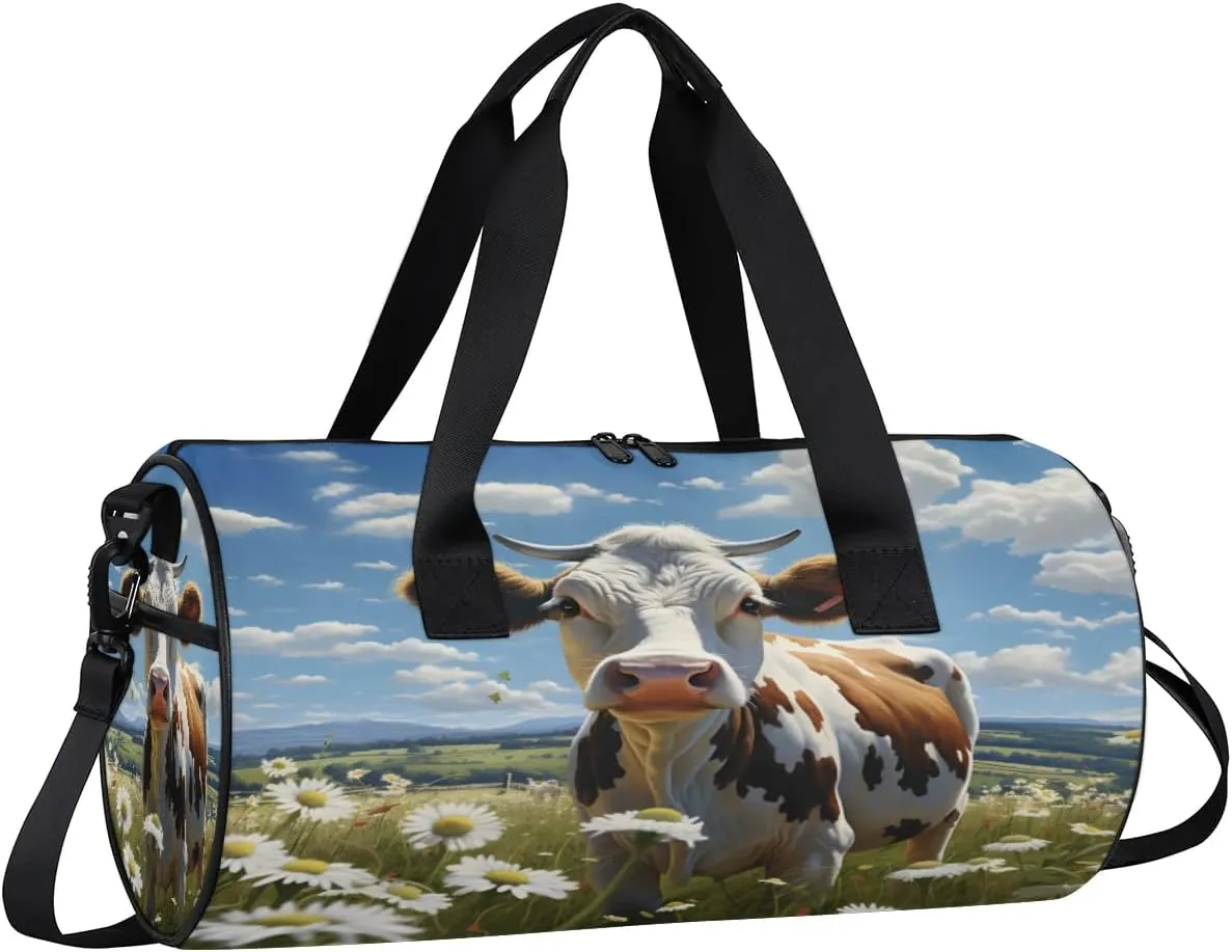 Gym Bags for Men Women Cow Daisies Sports Duffel Bags Carry On Travel Duffle Bag with Detachable Adjustable Shoulder Strap Overnight Weekender Bag