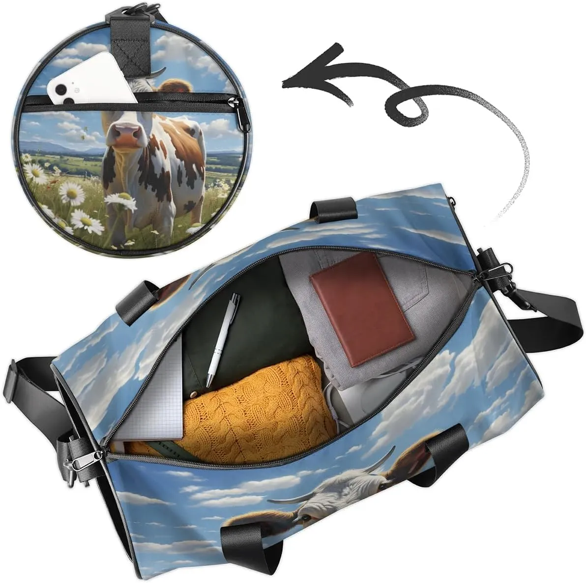 Gym Bags for Men Women Cow Daisies Sports Duffel Bags Carry On Travel Duffle Bag with Detachable Adjustable Shoulder Strap Overnight Weekender Bag