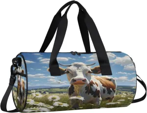 Gym Bags for Men Women Cow Daisies Sports Duffel Bags Carry On Travel Duffle Bag with Detachable Adjustable Shoulder Strap Overnight Weekender Bag