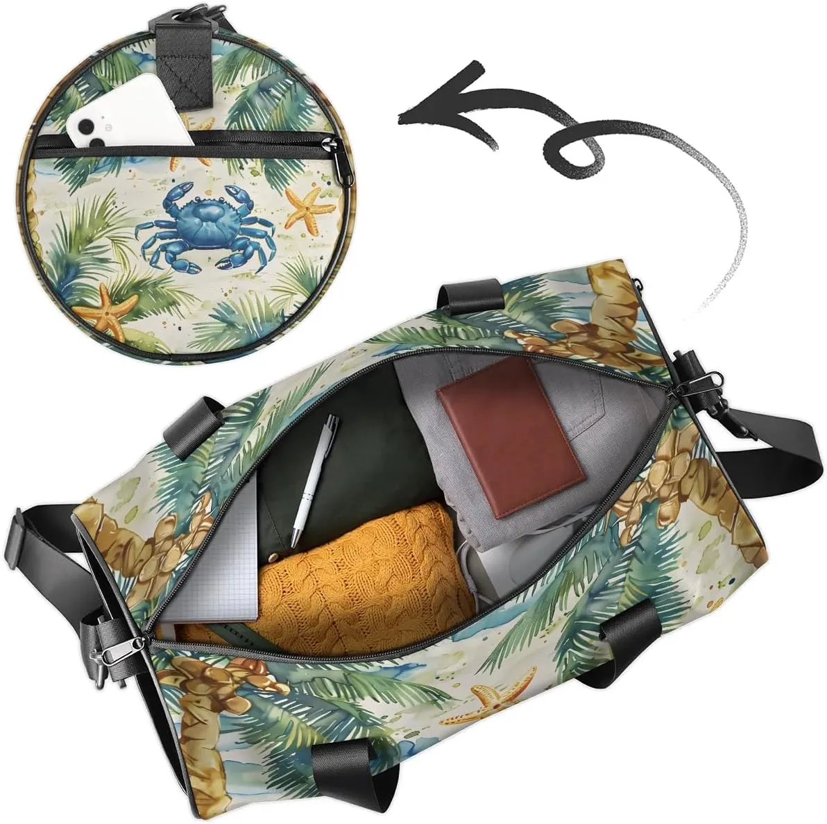 Gym Bags for Men Women Crab Coconut Tree Sports Duffel Bags Carry On Travel Duffle Bag with Detachable Adjustable Shoulder Strap Overnight Weekender Bag