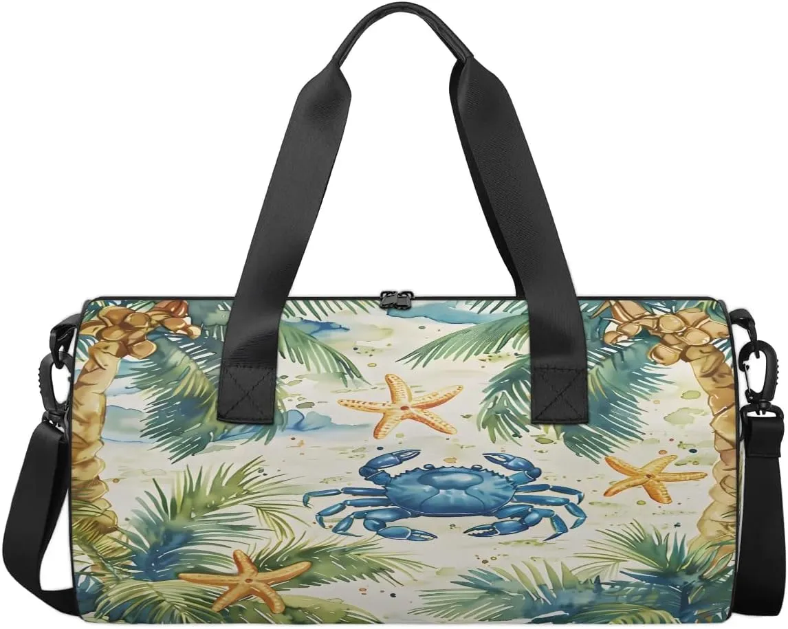 Gym Bags for Men Women Crab Coconut Tree Sports Duffel Bags Carry On Travel Duffle Bag with Detachable Adjustable Shoulder Strap Overnight Weekender Bag
