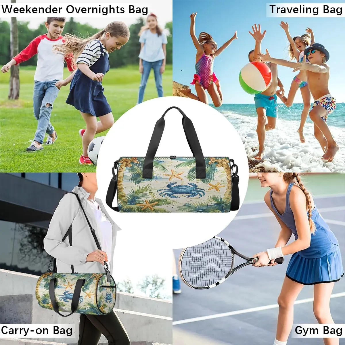 Gym Bags for Men Women Crab Coconut Tree Sports Duffel Bags Carry On Travel Duffle Bag with Detachable Adjustable Shoulder Strap Overnight Weekender Bag