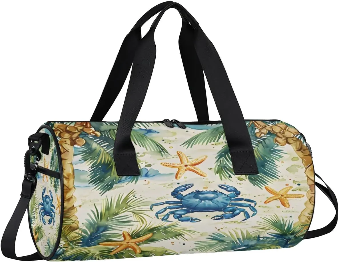 Gym Bags for Men Women Crab Coconut Tree Sports Duffel Bags Carry On Travel Duffle Bag with Detachable Adjustable Shoulder Strap Overnight Weekender Bag