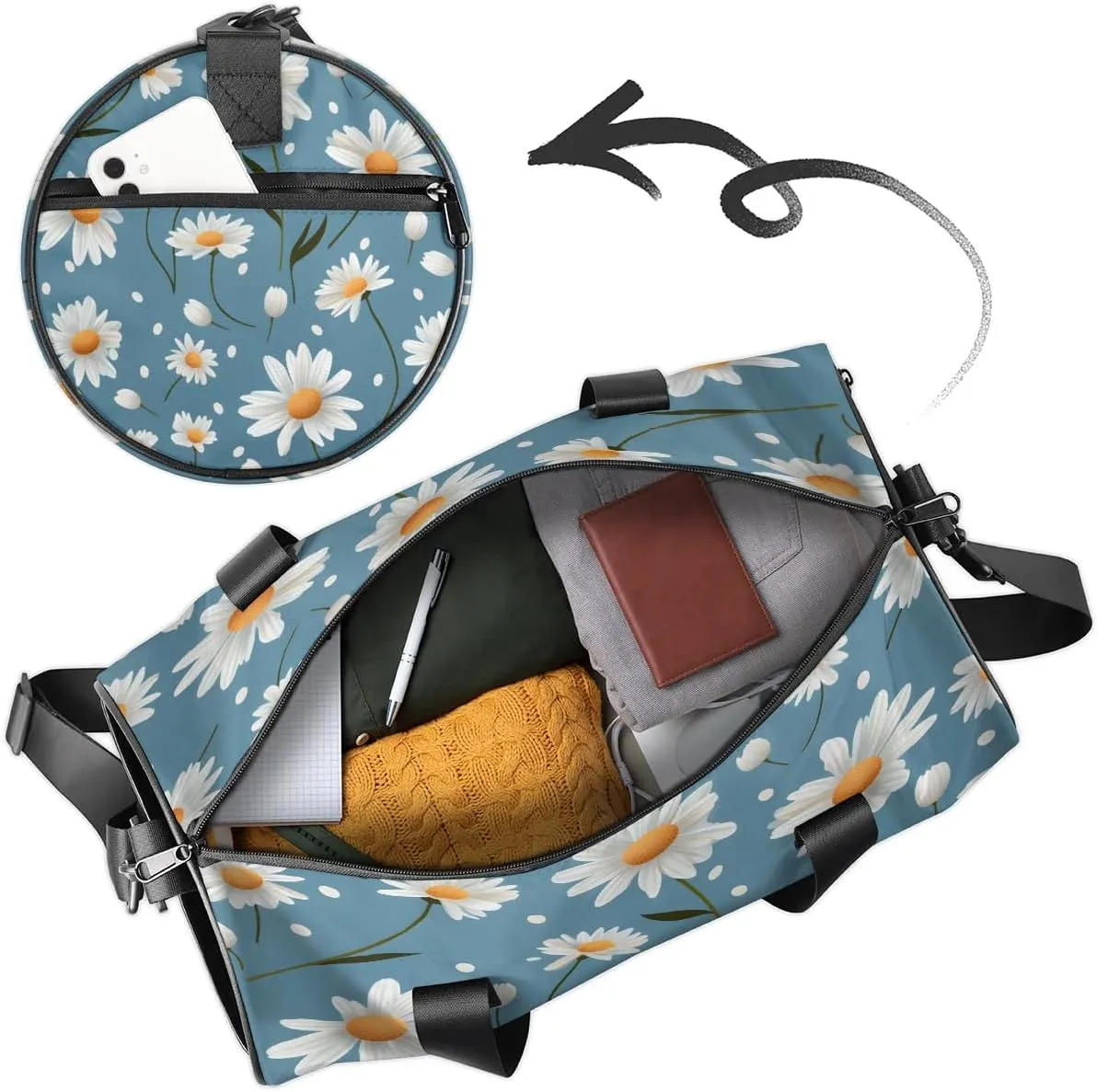 Gym Bags for Men Women Daisy Floral Print Sports Duffel Bags Carry On Travel Duffle Bag with Detachable Adjustable Shoulder Strap Overnight Weekender Bag